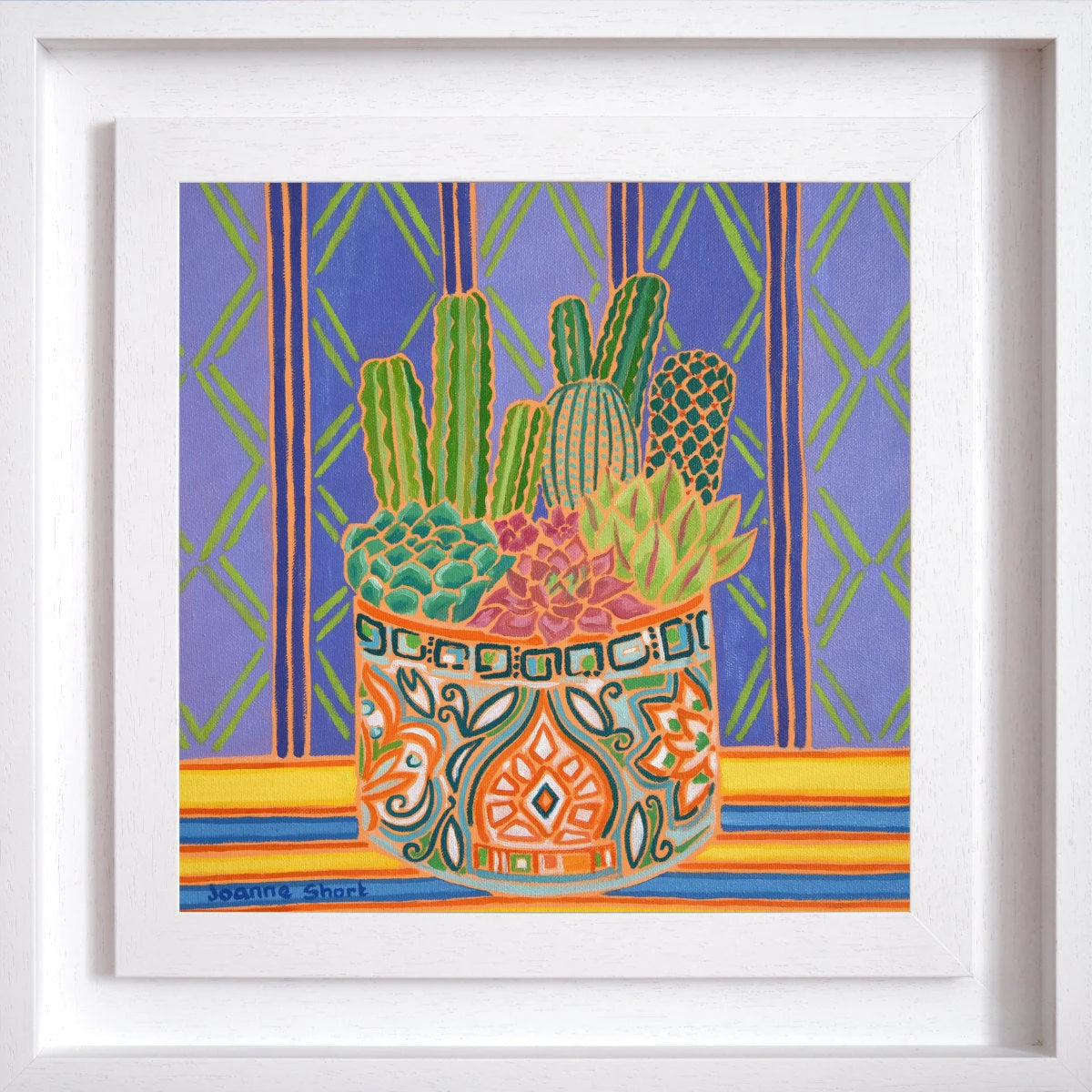 'Prickly Cacti and Purple Wallpaper'. 12x12 inches Original Oil Painting on Canvas by Cornish Artist Joanne Short Joanne Short