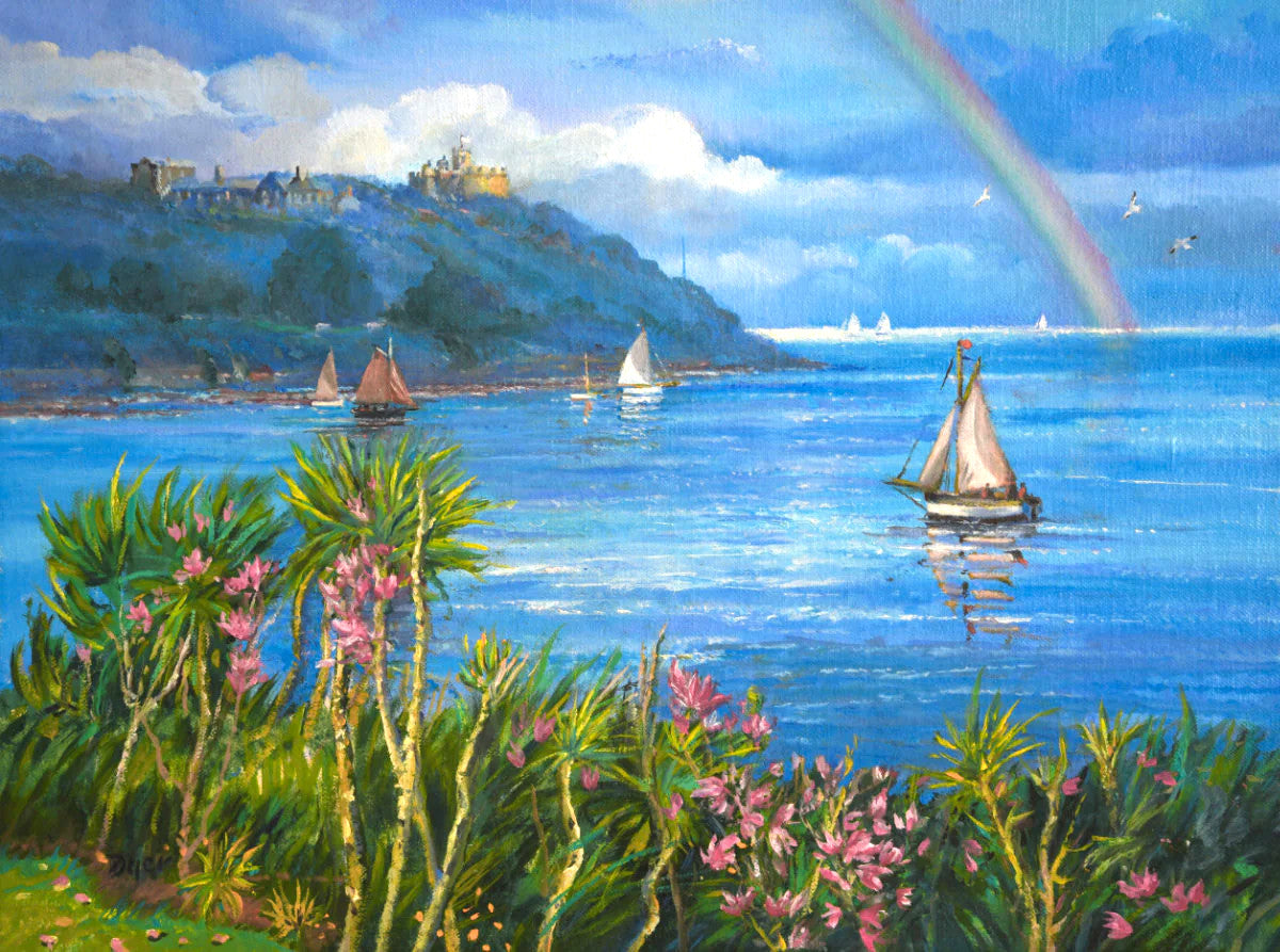 'Rainbow over Pendennis Castle, Falmouth', 12x16 inches original art oil on canvas. Seascape Painting of Cornwall by Cornish Artist Ted Dyer.