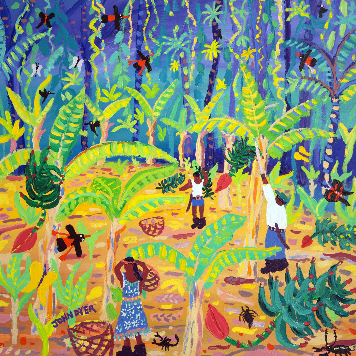 Colorful painting of people in a tropical forest with vibrant greens, blues, and yellows. 'Rainforest Banana Bonanza, Costa Rica', 24x24 inches acrylic on canvas. Tropical Costa Rica Painting by British Artist John Dyer