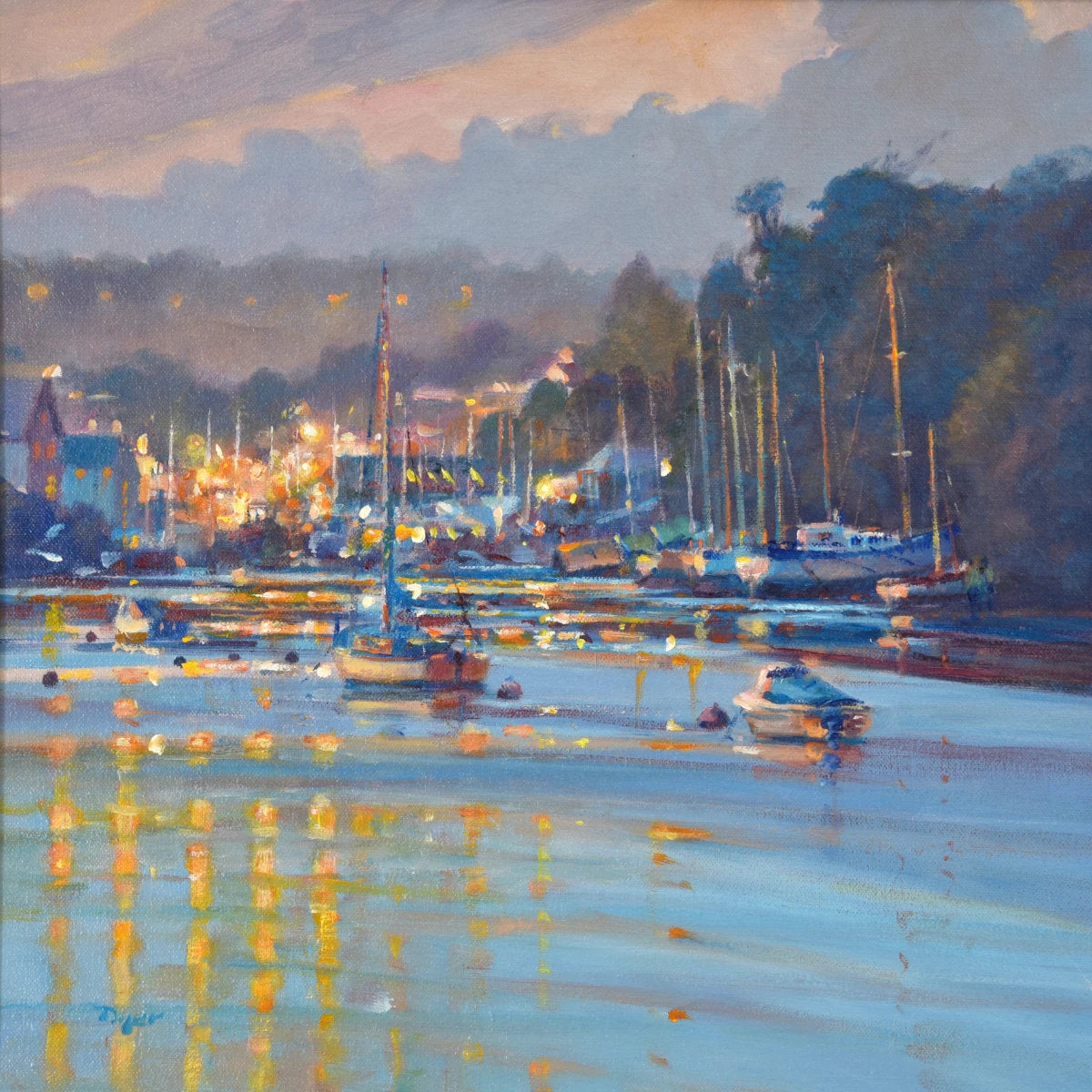 'Reflections at High Tide, Penryn River', 14x14 inches oil on canvas. Seascape Painting by Cornish Artist Ted Dyer. Ted Dyer
