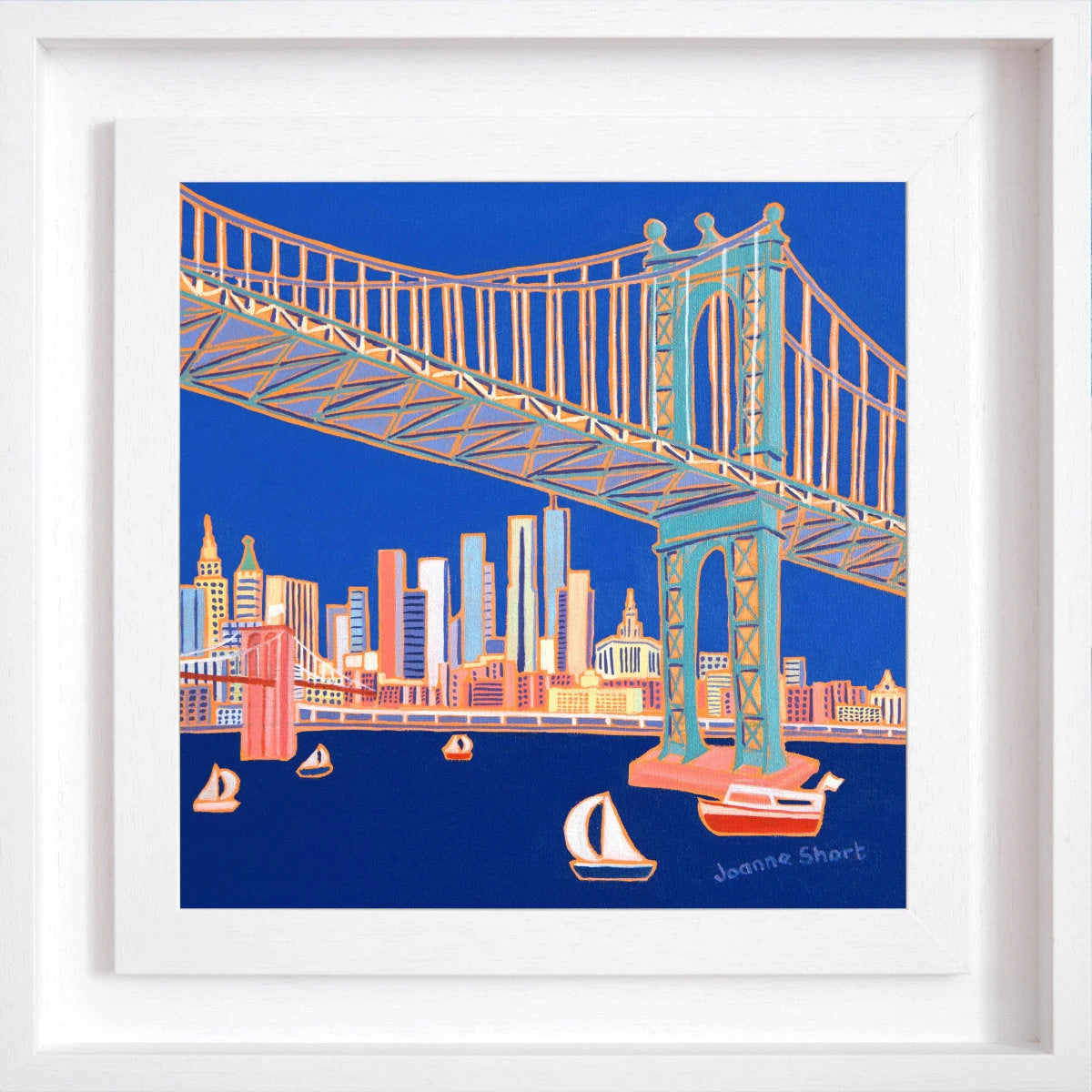 'Sailing under the Bridges, Manhattan, New York', 12x12 inches oil on canvas by British Artist Joanne Short. American Art Gallery Joanne Short