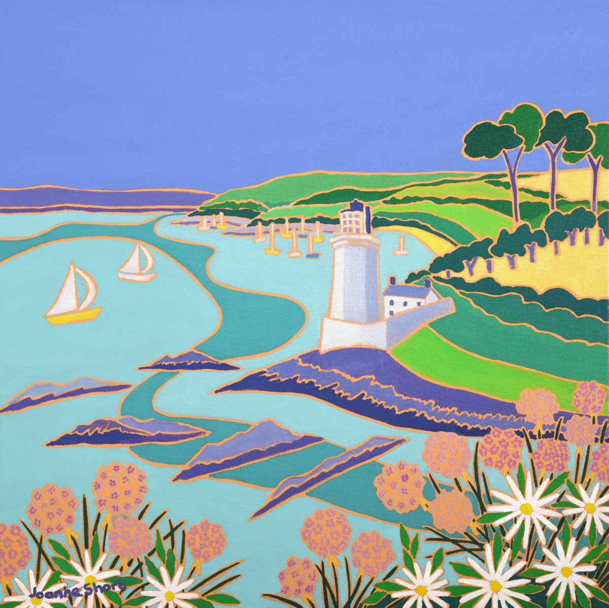 'Sea Pinks and Daisies, St Anthony Lighthouse',
18x18 inches oil on canvas. Painting by Cornish Artist Joanne Short Joanne Short
