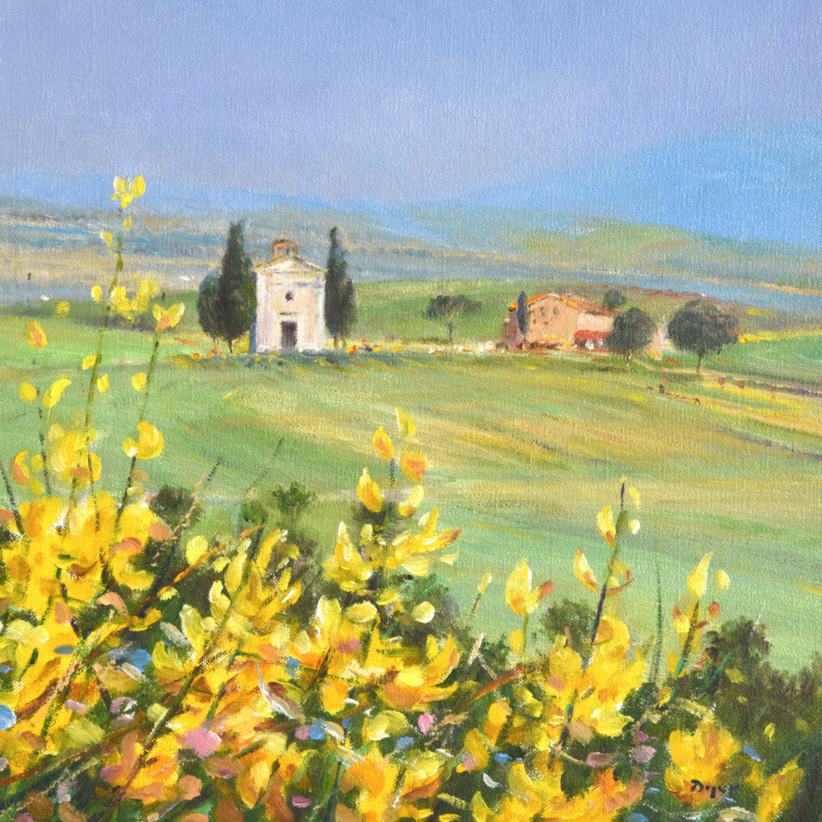 'Small Church on the Hill and Wild Broom, Vitaleta, Tuscany, Italy', 12x12 inches oil on canvas. Painting by Artist Ted Dyer. Ted Dyer