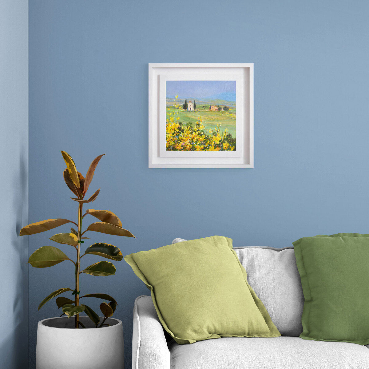 'Small Church on the Hill and Wild Broom, Vitaleta, Tuscany, Italy', 14x14 inches oil on canvas. Painting by Artist Ted Dyer.