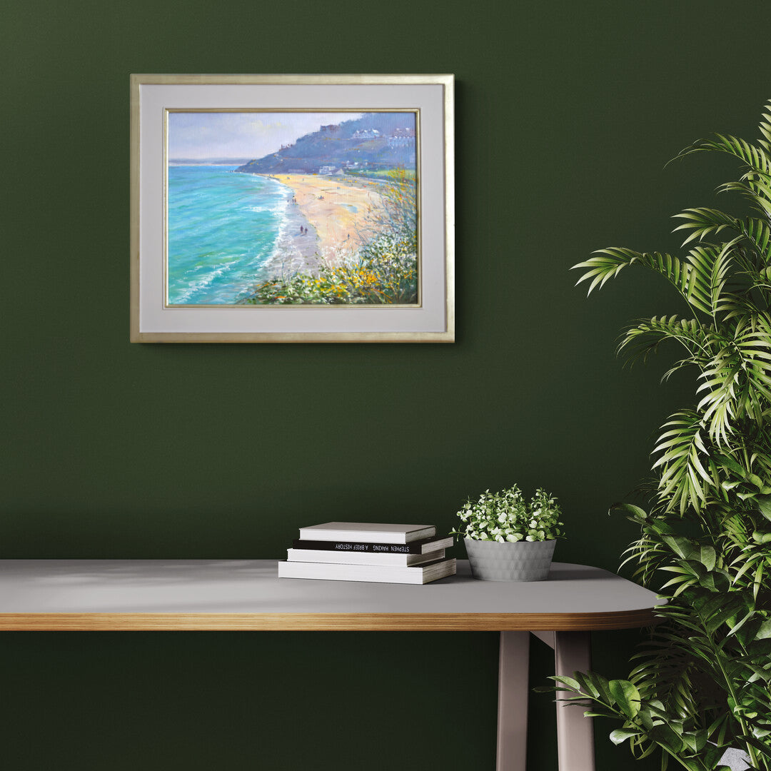 'Soft Spring light, Porthminster Beach, St Ives', 14x18 inches original art oil on canvas. Seascape Painting of Cornwall by Artist Ted Dyer.
