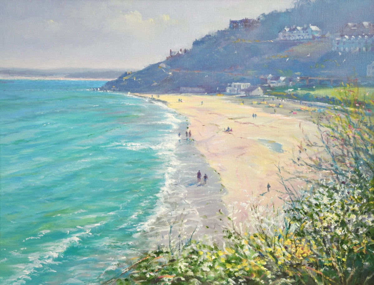 'Soft Spring light, Porthminster Beach, St Ives', 14x18 inches original art oil on canvas. Seascape Painting of Cornwall by Artist Ted Dyer. Ted Dyer
