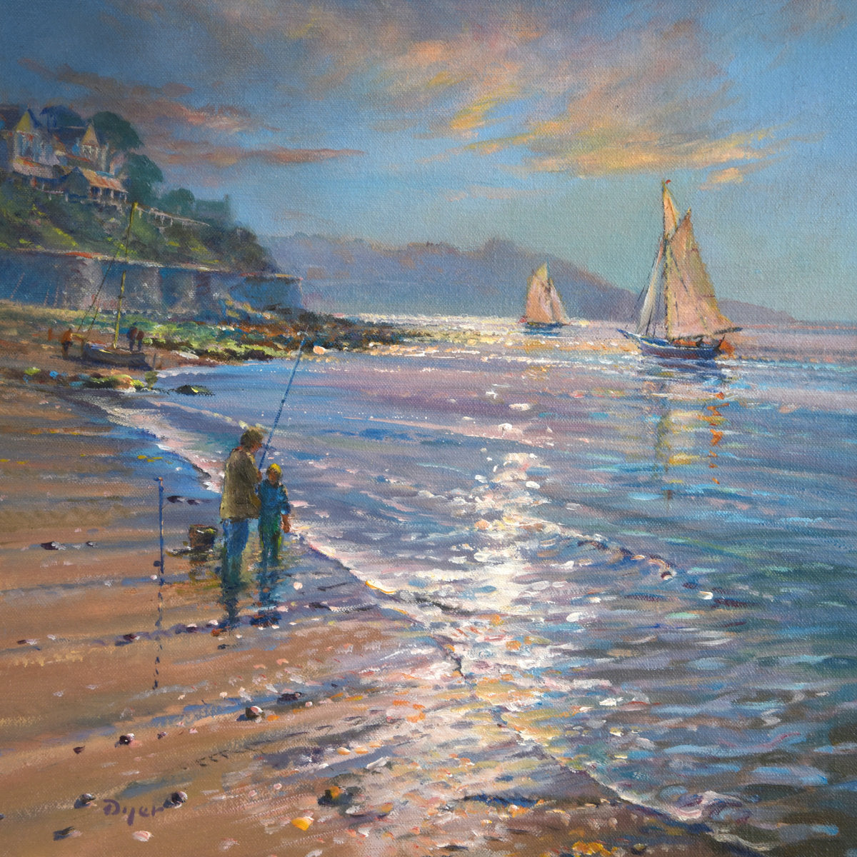 'Sparkling Light, Gyllyngvase Beach', 14x14 inches oil on canvas. Painting by Cornish Artist Ted Dyer. Cornish Art from our Cornwall Art Gallery Ted Dyer