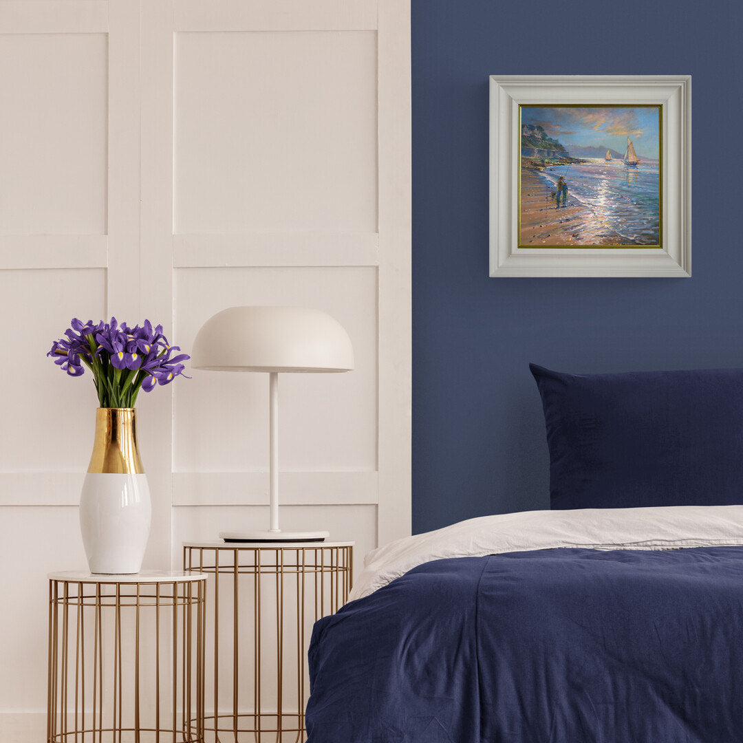 'Sparkling Light, Gyllyngvase Beach', 14x14 inches oil on canvas. Painting by Cornish Artist Ted Dyer. Cornish Art from our Cornwall Art Gallery