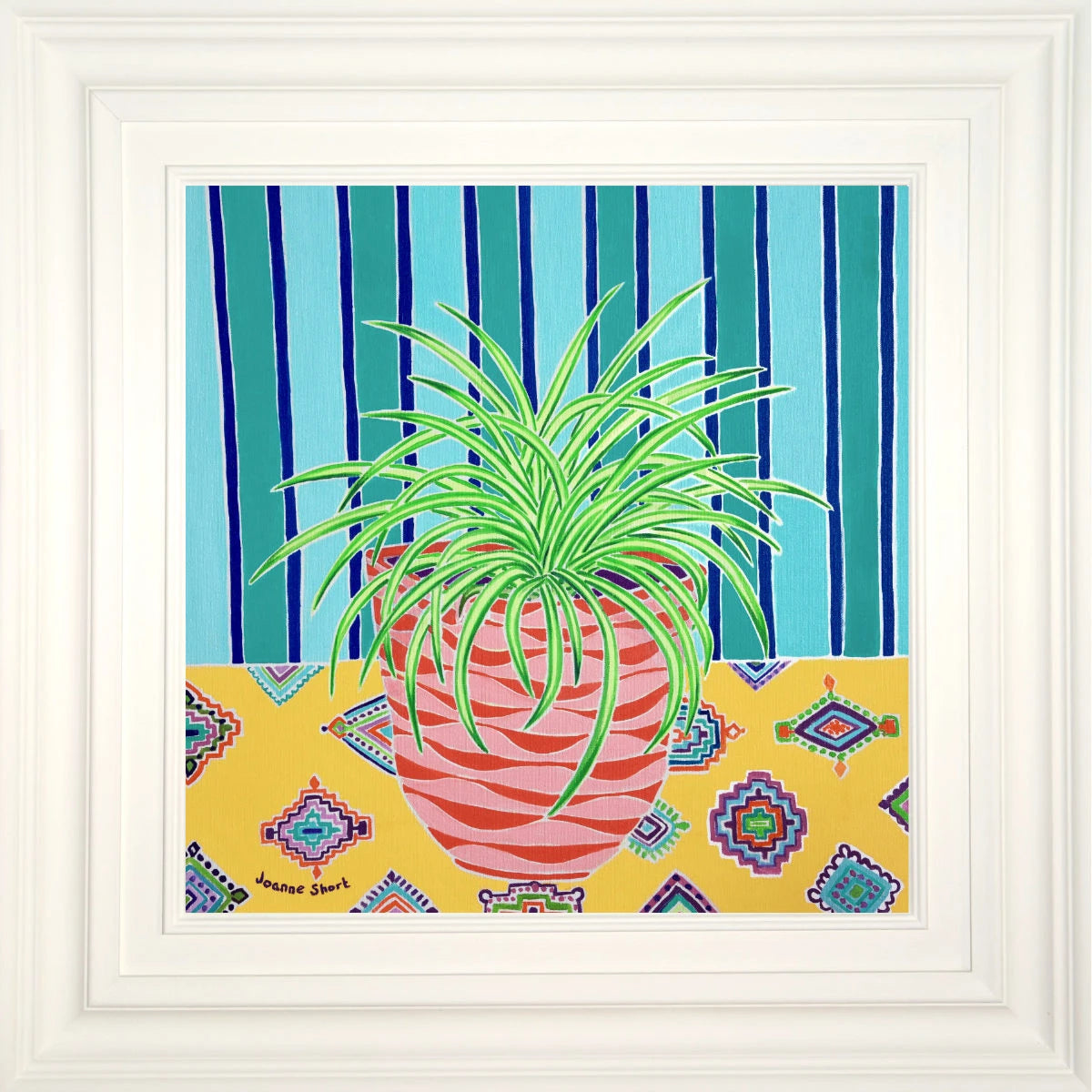 'Spider Plant on a Patterned Cloth',
18x18 inches oil on canvas. Painting by Cornish Artist Joanne Short Joanne Short