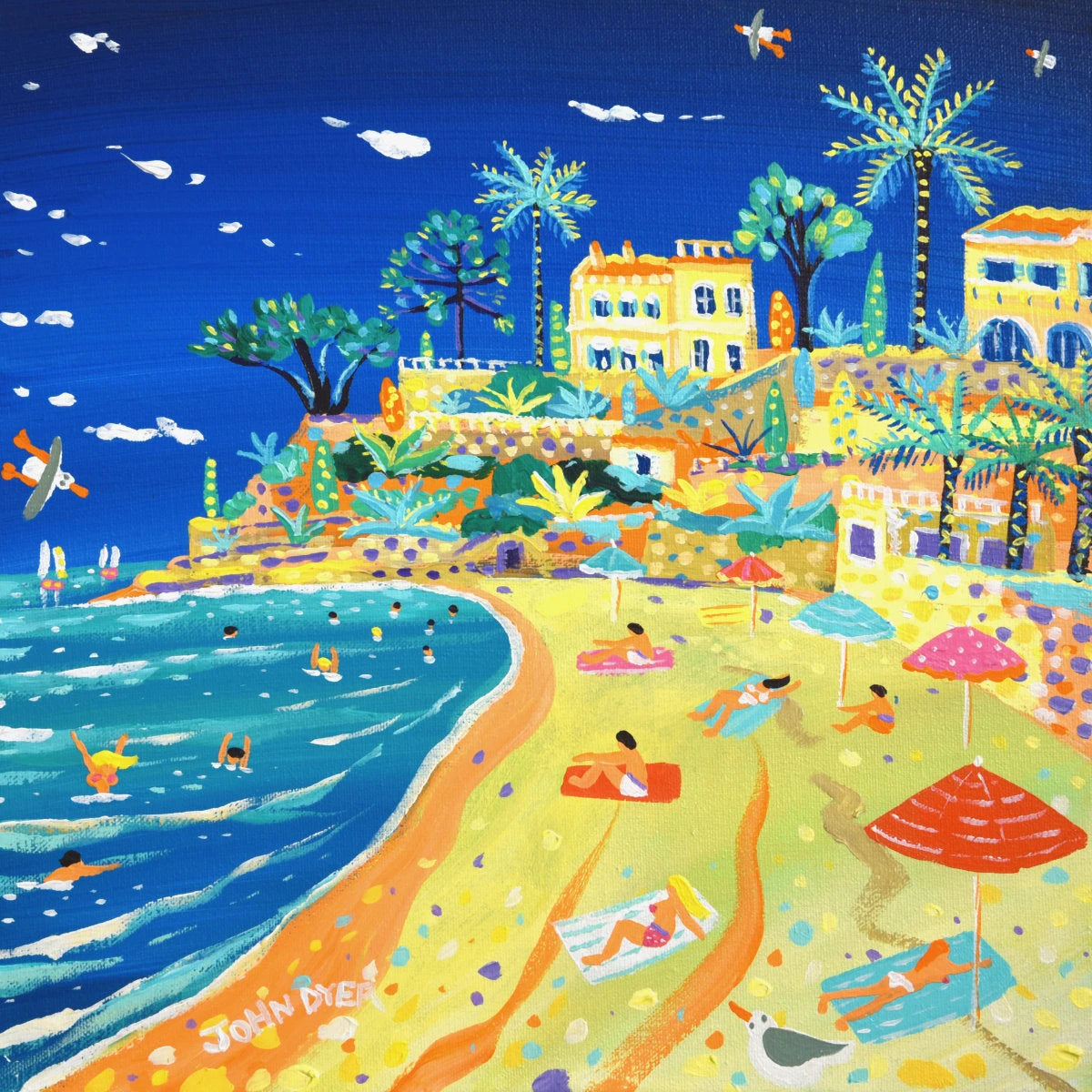 'Summer Afternoon on Plage du Buse, Roquebrune-Cap-Martin'. 12 x 12 inches acrylic on canvas. Painting of the South of France by John Dyer John Dyer