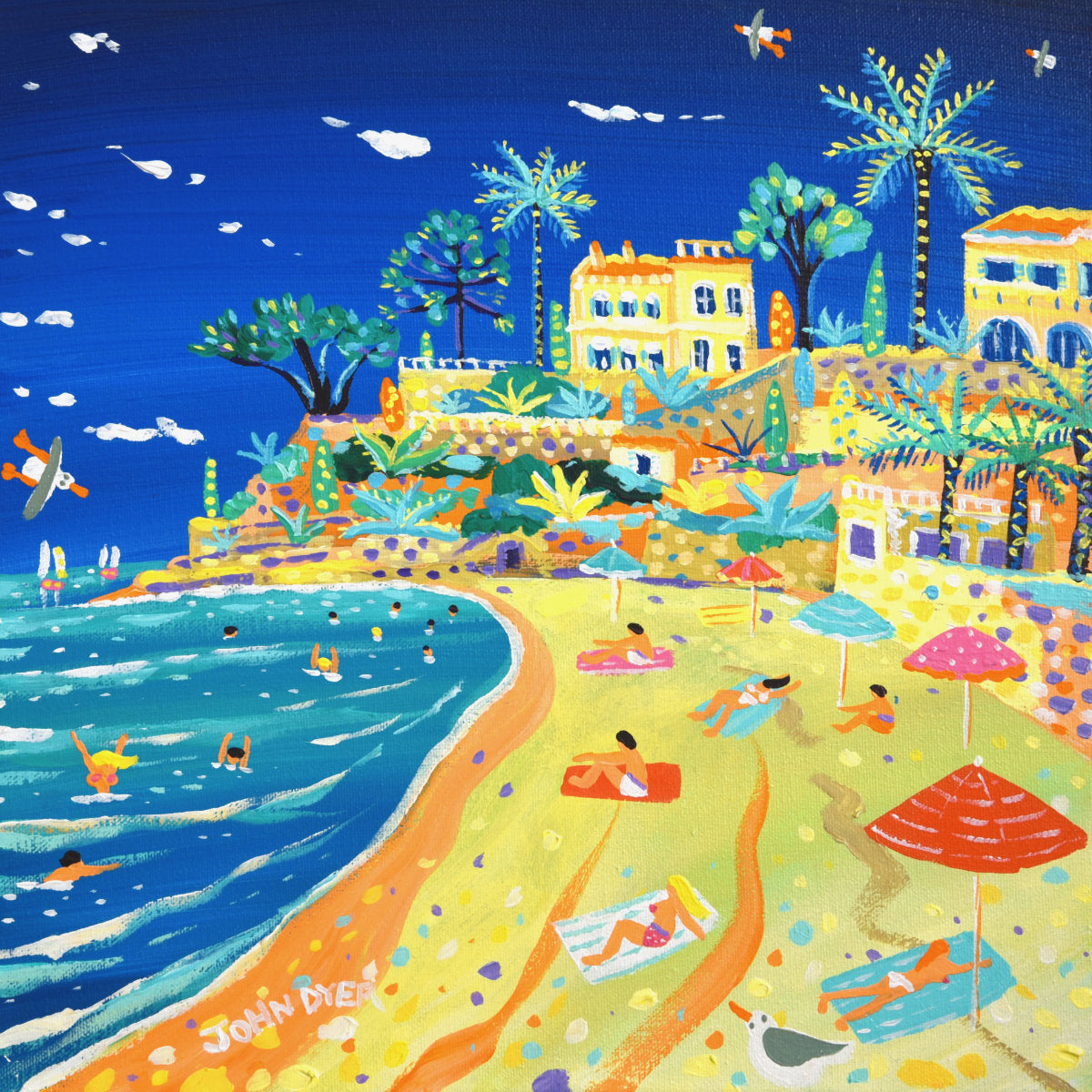 Colorful beach scene with palm trees, buildings, and people enjoying the sun and water. 'Summer Afternoon on Plage du Buse, Roquebrune-Cap-Martin'. 12 x 12 inches acrylic on canvas. Painting of the South of France by John Dyer