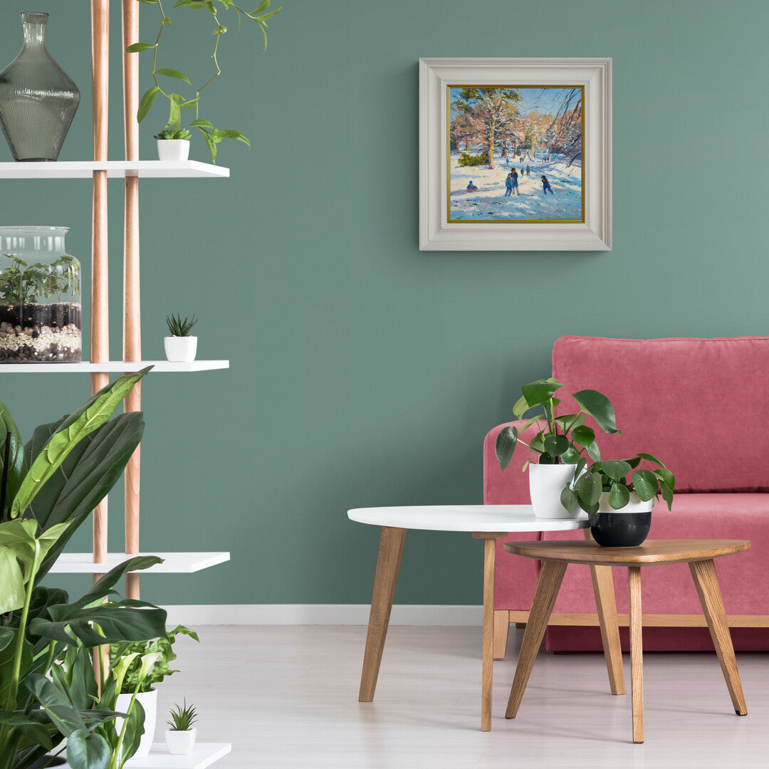 'Sunshine and Snow, Kimberley Park, Falmouth', 14x14 inches oil on canvas. Snowscape Painting by Cornish Artist Ted Dyer.