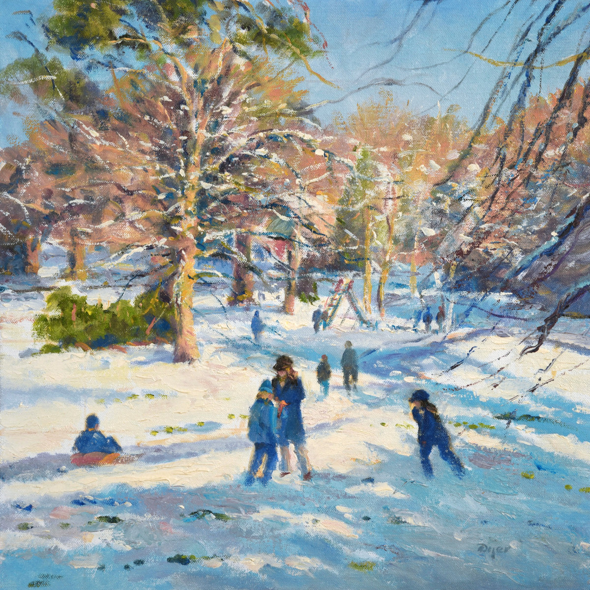 'Sunshine and Snow, Kimberley Park, Falmouth', 14x14 inches oil on canvas. Snowscape Painting by Cornish Artist Ted Dyer.