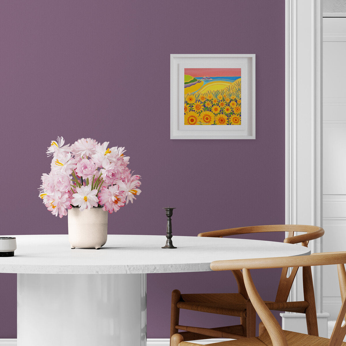 'Sweeping Hillside of Sunflowers, Holywell Bay Sunset', 12x12 inches oil on canvas. Cornwall Art Gallery Painting by Cornish Artist Joanne Short