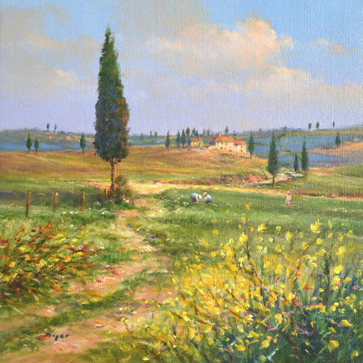'Tree by the Path, Montalcino, Tuscany, Italy', 14x14 inches oil on canvas. Painting by Artist Ted Dyer.