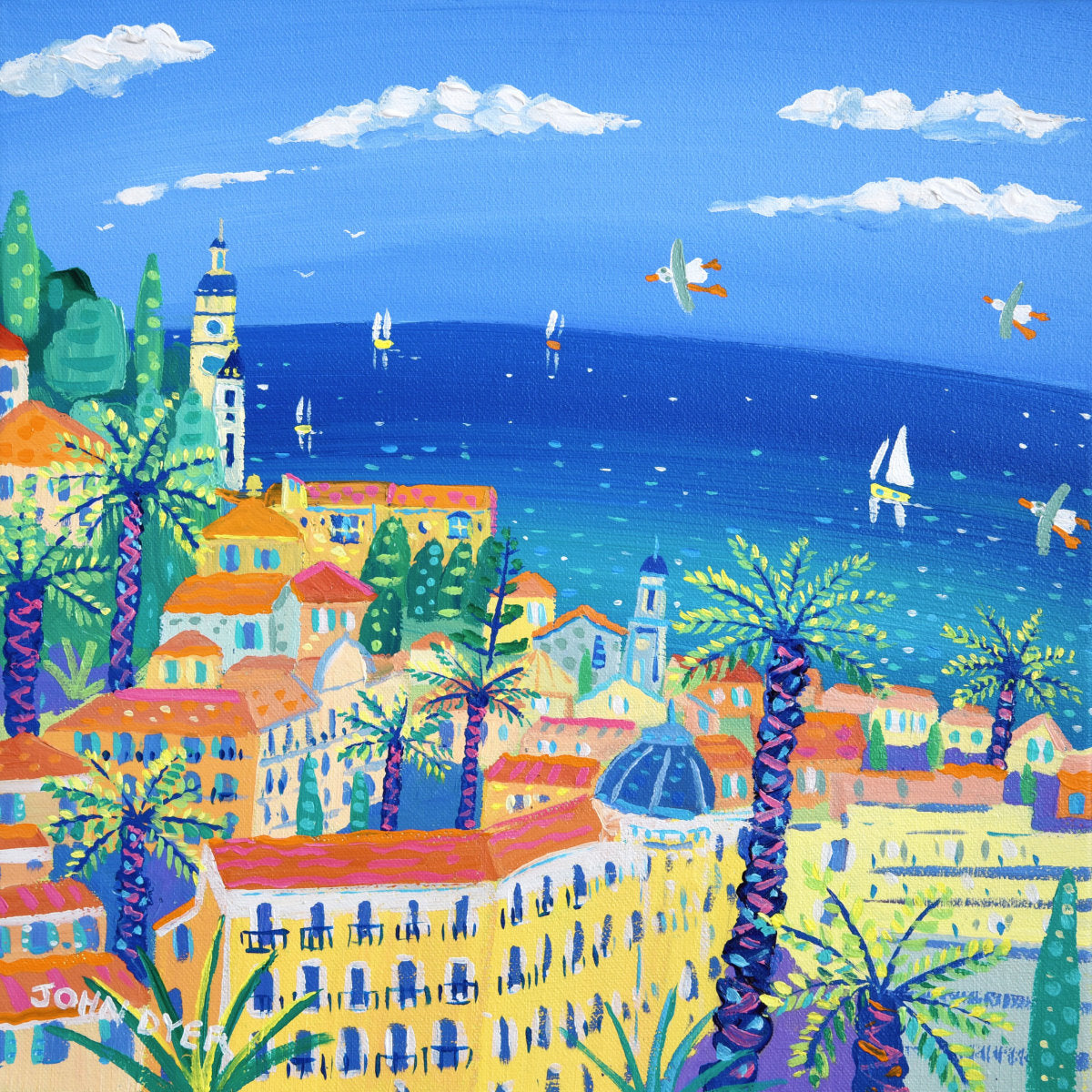 Colorful painting of a coastal town with houses, palm trees, and boats on a blue sky background. 'View from the Winter Palace, Menton'. 12 x 12 inches acrylic on canvas. Painting of the South of France by John Dyer