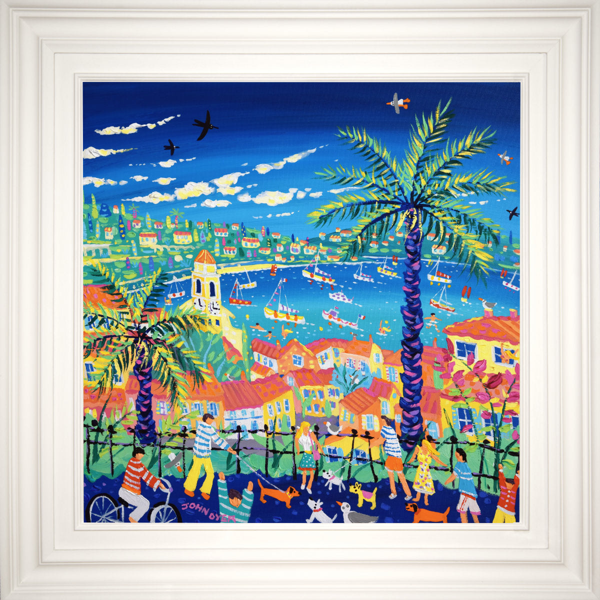 Colorful artwork of a coastal scene with palm trees, people, and boats. 'Palm Trees and Promenades, Villefranche-sur-Mer, France', 24x24 inches acrylic on canvas. French Painting by British Artist John Dyer