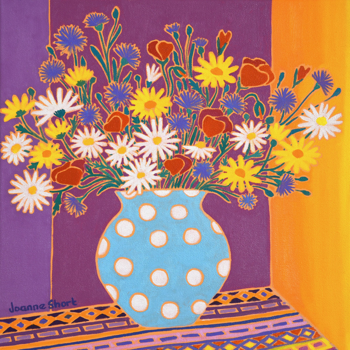 'Wild Flowers in a Spotty Vase'. 12x12 inches Original Oil Painting on Canvas by Cornish Artist Joanne Short