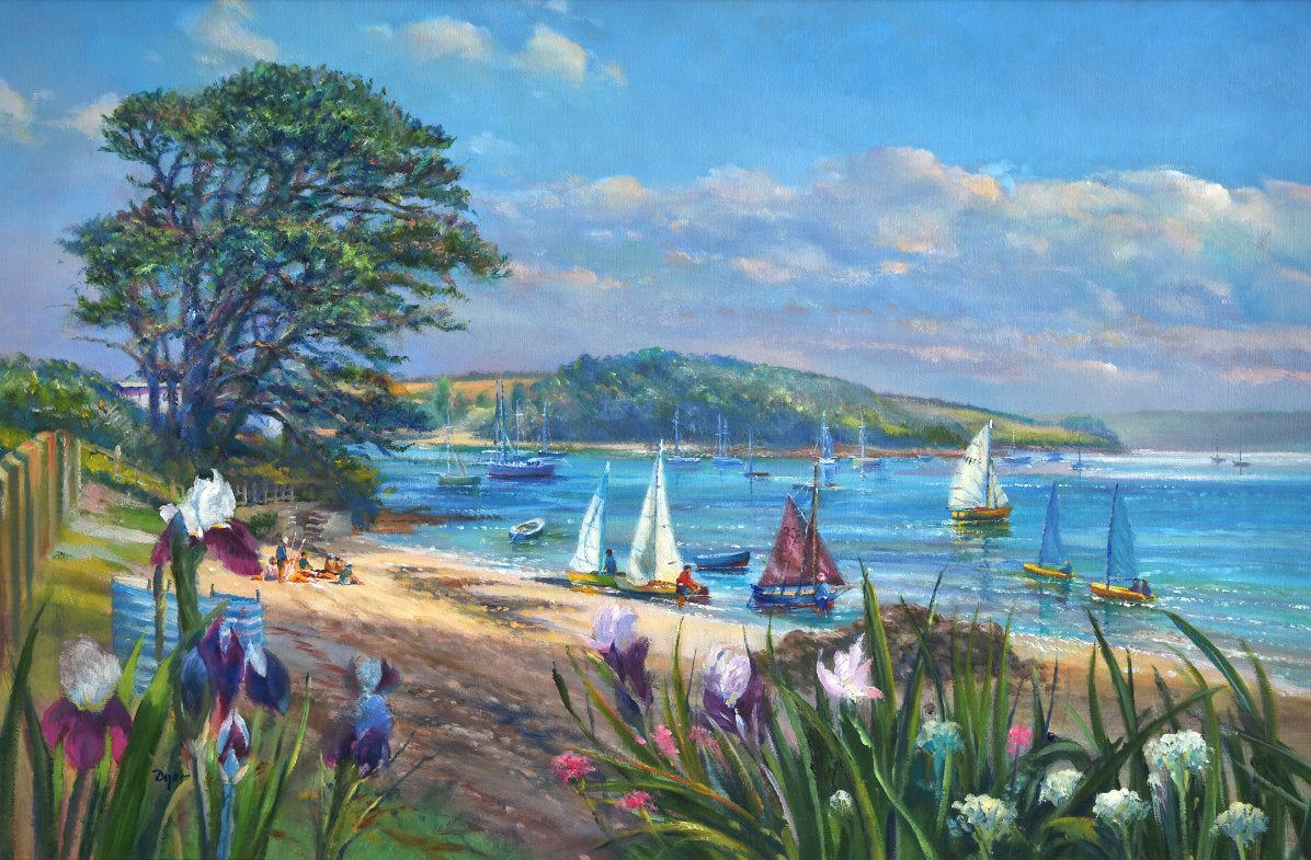 'Wild Irises and Sailing Boats at St Mawes', 24x36 inches oil on canvas. Seascape Painting of Cornwall by Cornish Artist Ted Dyer.