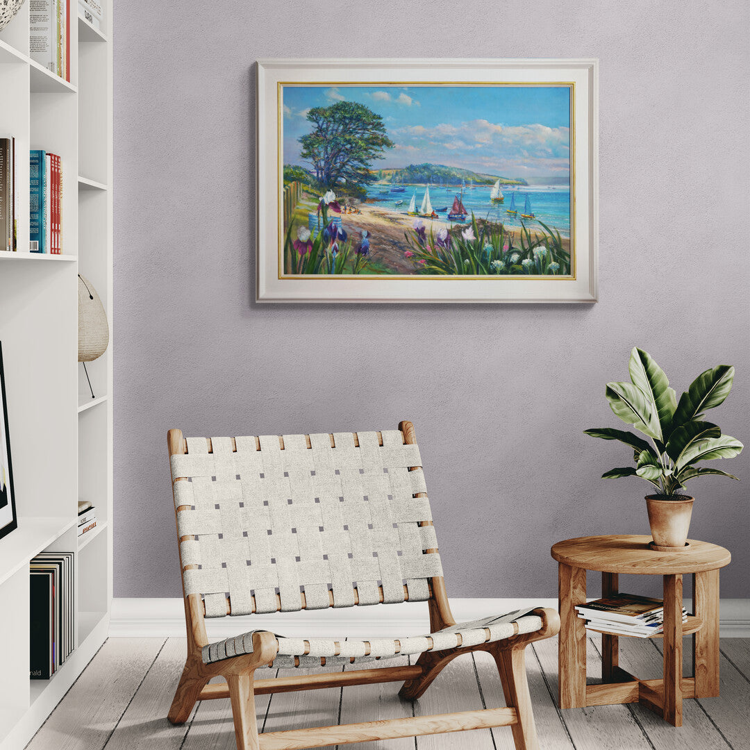 'Wild Irises and Sailing Boats at St Mawes', 24x36 inches oil on canvas. Seascape Painting of Cornwall by Cornish Artist Ted Dyer. Ted Dyer