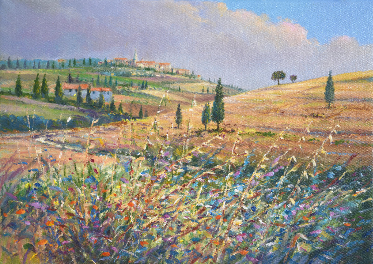 'Winding Road to Pienza, Tuscany, Italy', 10x14 inches original art oil on canvas. Landscape Painting of Italy by British Artist Ted Dyer Ted Dyer