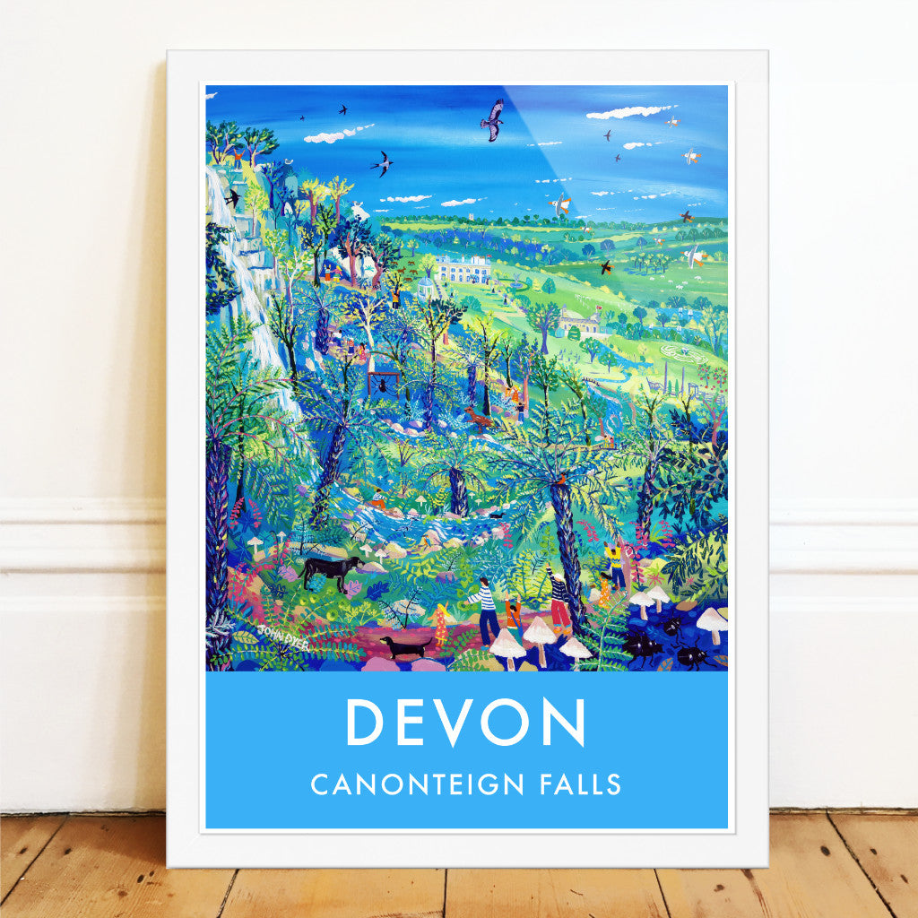 Vintage Style Garden Travel Poster Art Prints by Cornish Artist John Dyer. Exploring Canonteign Falls, Devon