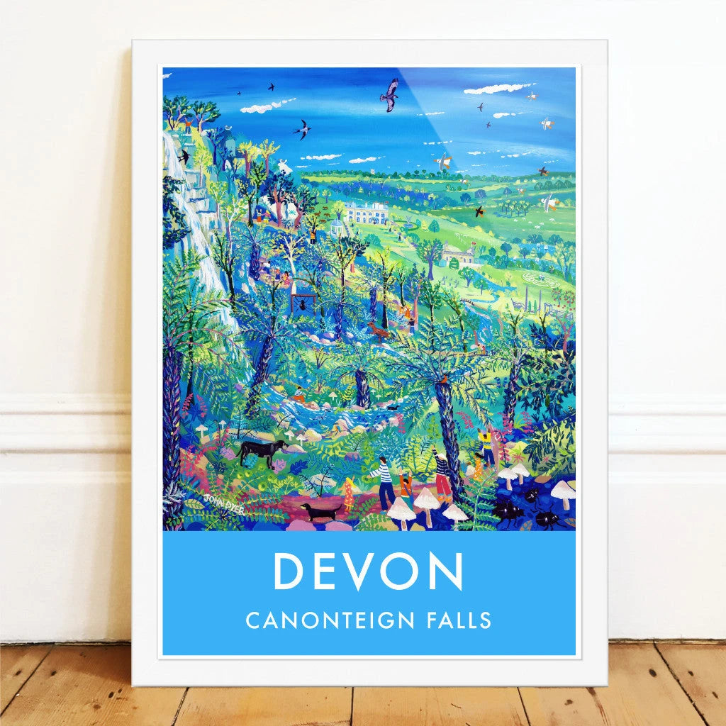 Vintage Style Garden Travel Poster Art Prints by Cornish Artist John Dyer. Exploring Canonteign Falls, Devon John Dyer
