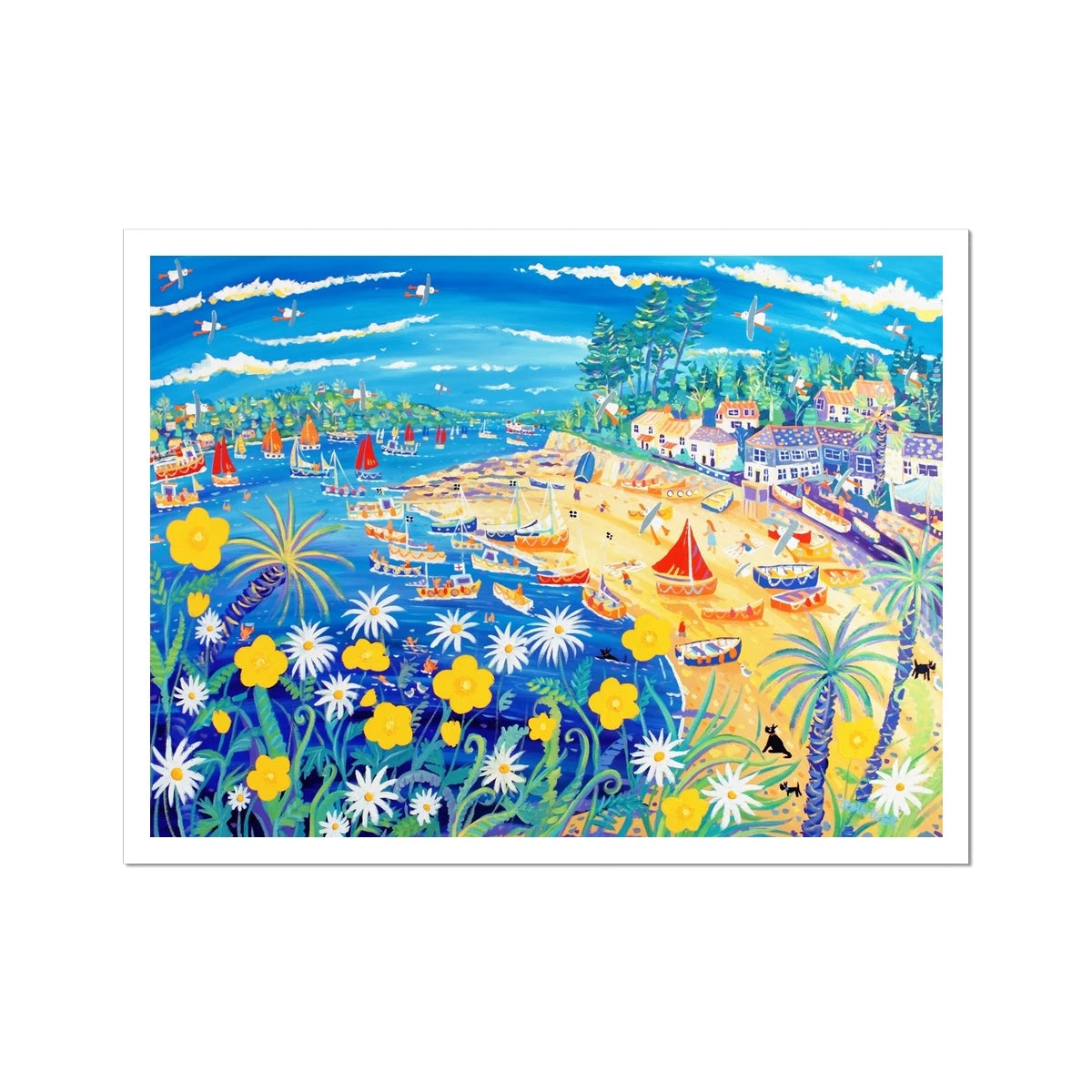 John Dyer Fine Art Beach Print 'Buttercups and Bathers, Helford Passage, Cornwall'. Open Edition Cornish Art Print John Dyer