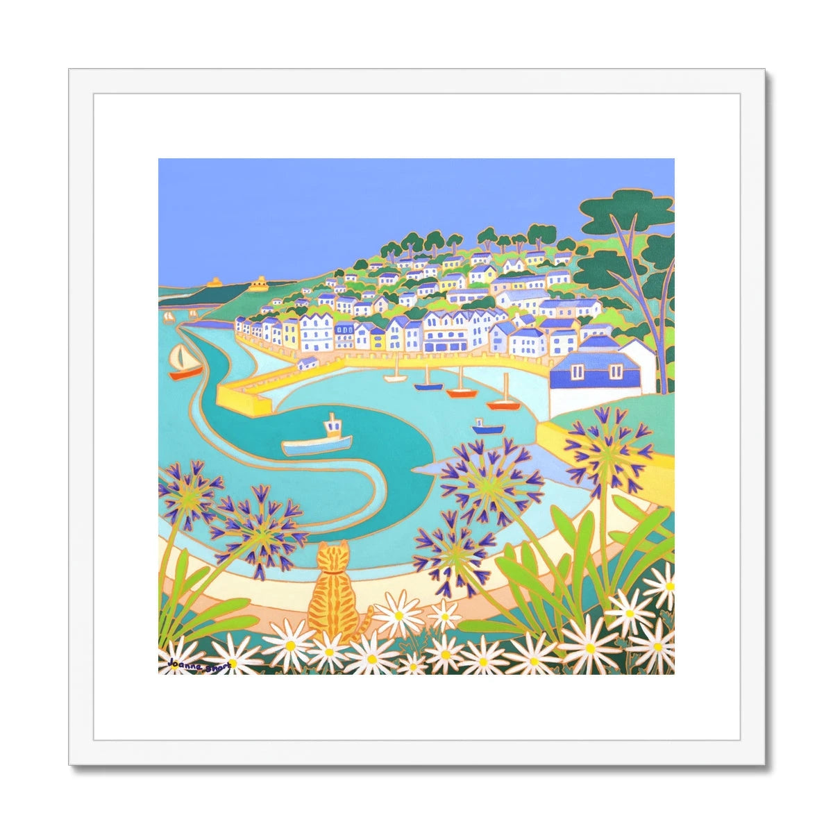 Joanne Short Framed Open Edition Fine Art Print. 'Ginger Cat on the Wall, St Mawes'. Cornwall Art Gallery Print Joanne Short