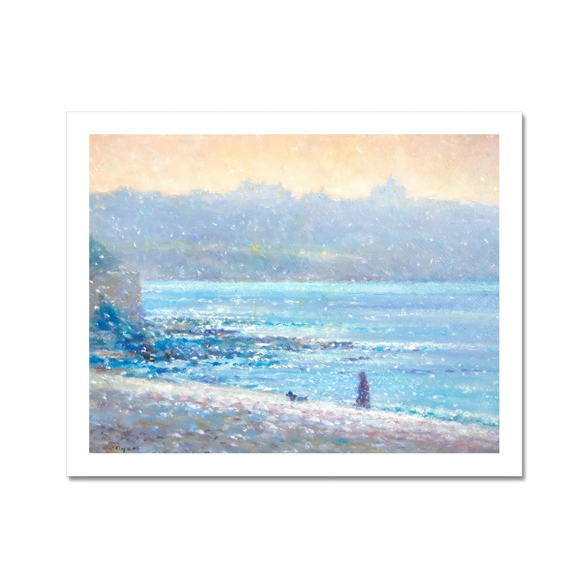 Ted Dyer Fine Art Print. Open Edition Cornish Art Print. 'Walking in a Snow Flurry, Falmouth'. Cornwall Art Gallery Ted Dyer