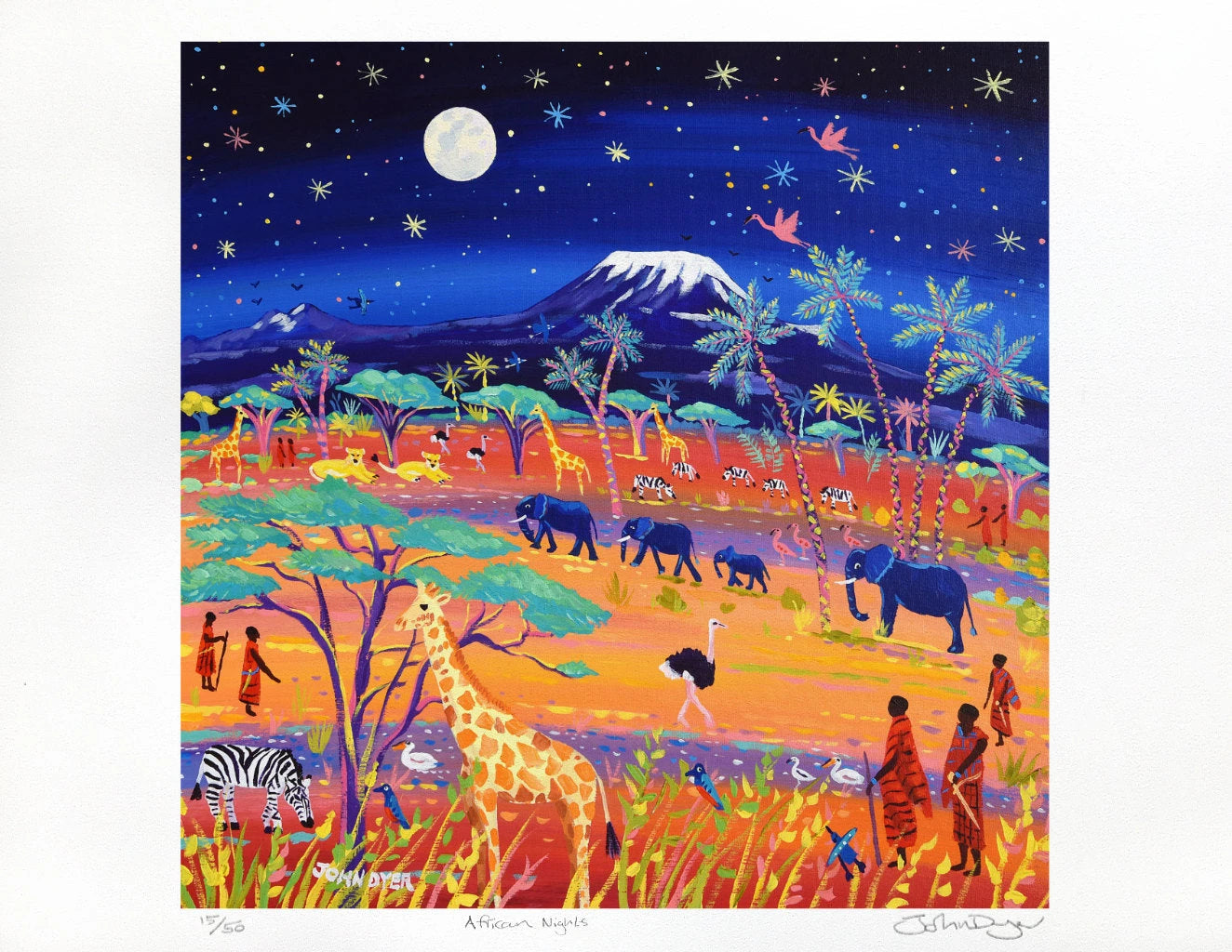 Limited Edition Print by British Artist John Dyer. 'African Nights, Amboseli, Kenya'. African Art Gallery Print. Animal Art Prints John Dyer