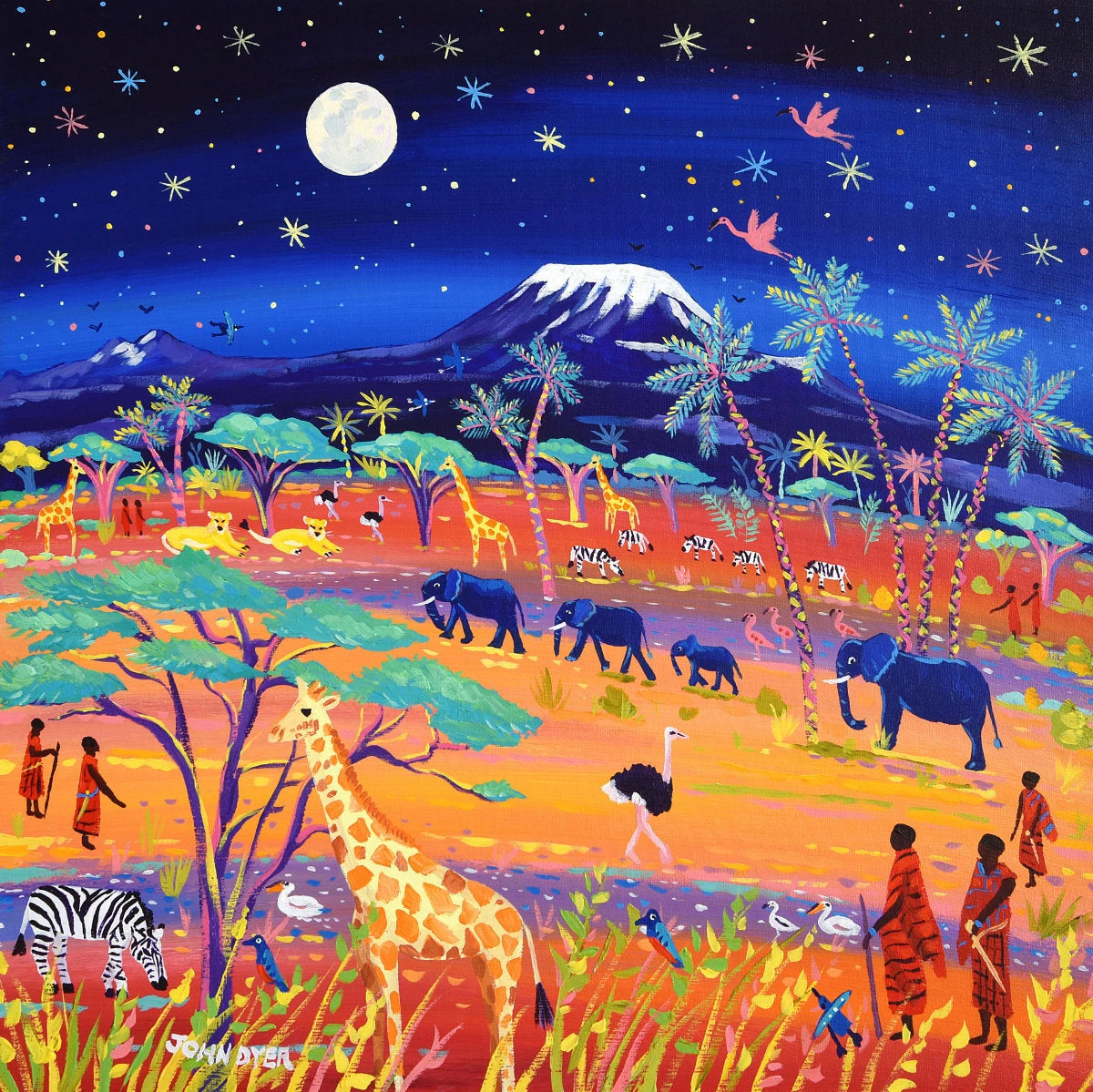 'African Nights, Amboseli, Kenya', 24x24 inches acrylic on canvas. African Painting by British Artist John Dyer. John Dyer