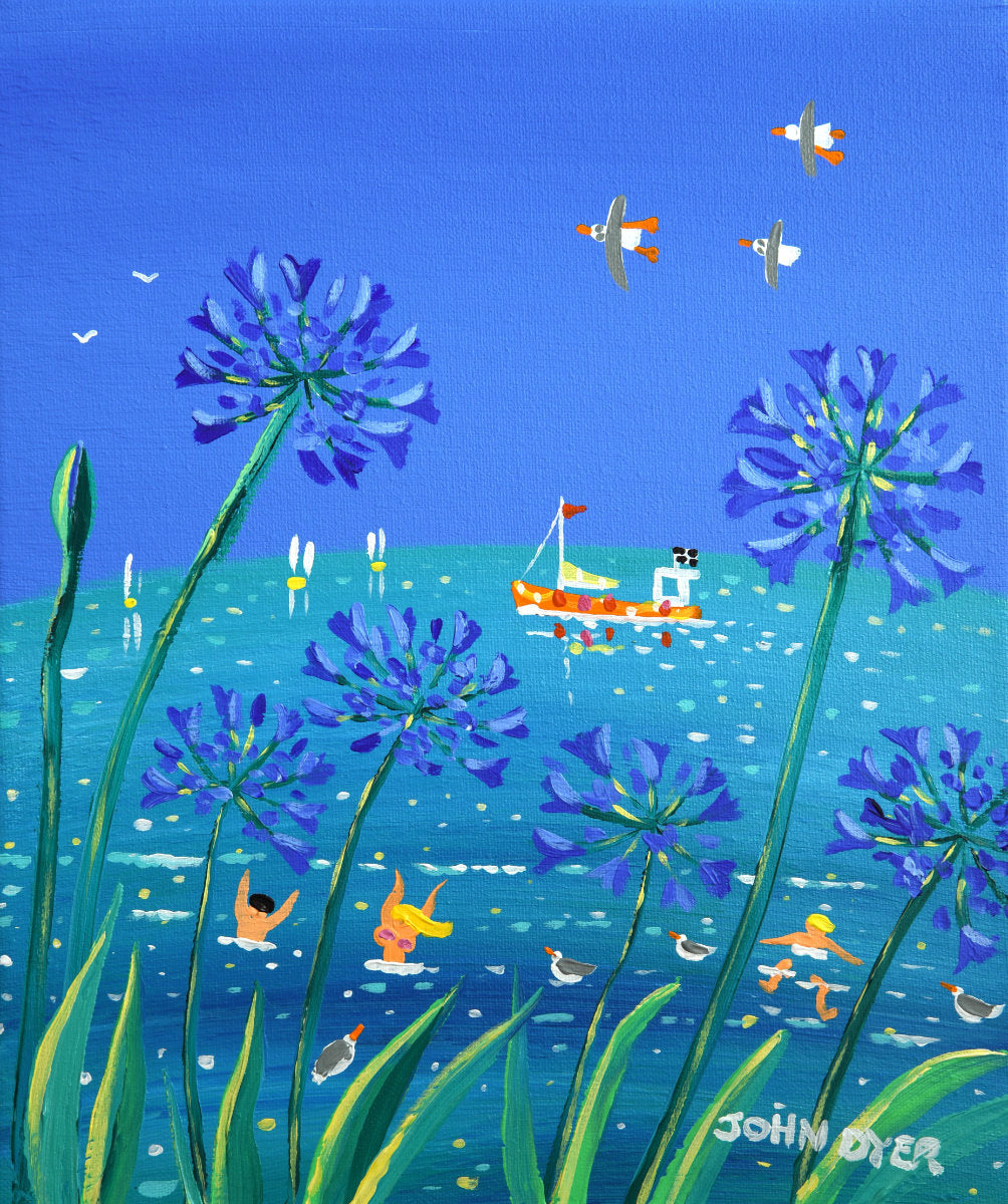 'Peaking through the Agapanthus', 10x12 inches acrylic on canvas. Coastal Painting of Cornwall. Cornish Artist John Dyer. Cornwall Art Gallery John Dyer