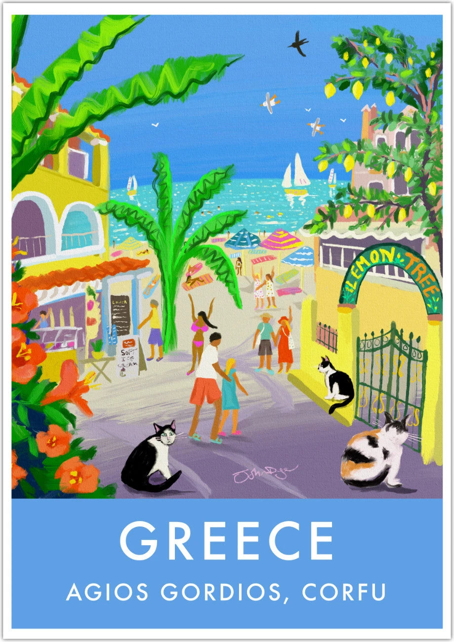 Greece Artwork Wall Art Poster Print by John Dyer. Strolling Past Corfu Cats, Agios Gordios, Greece John Dyer
