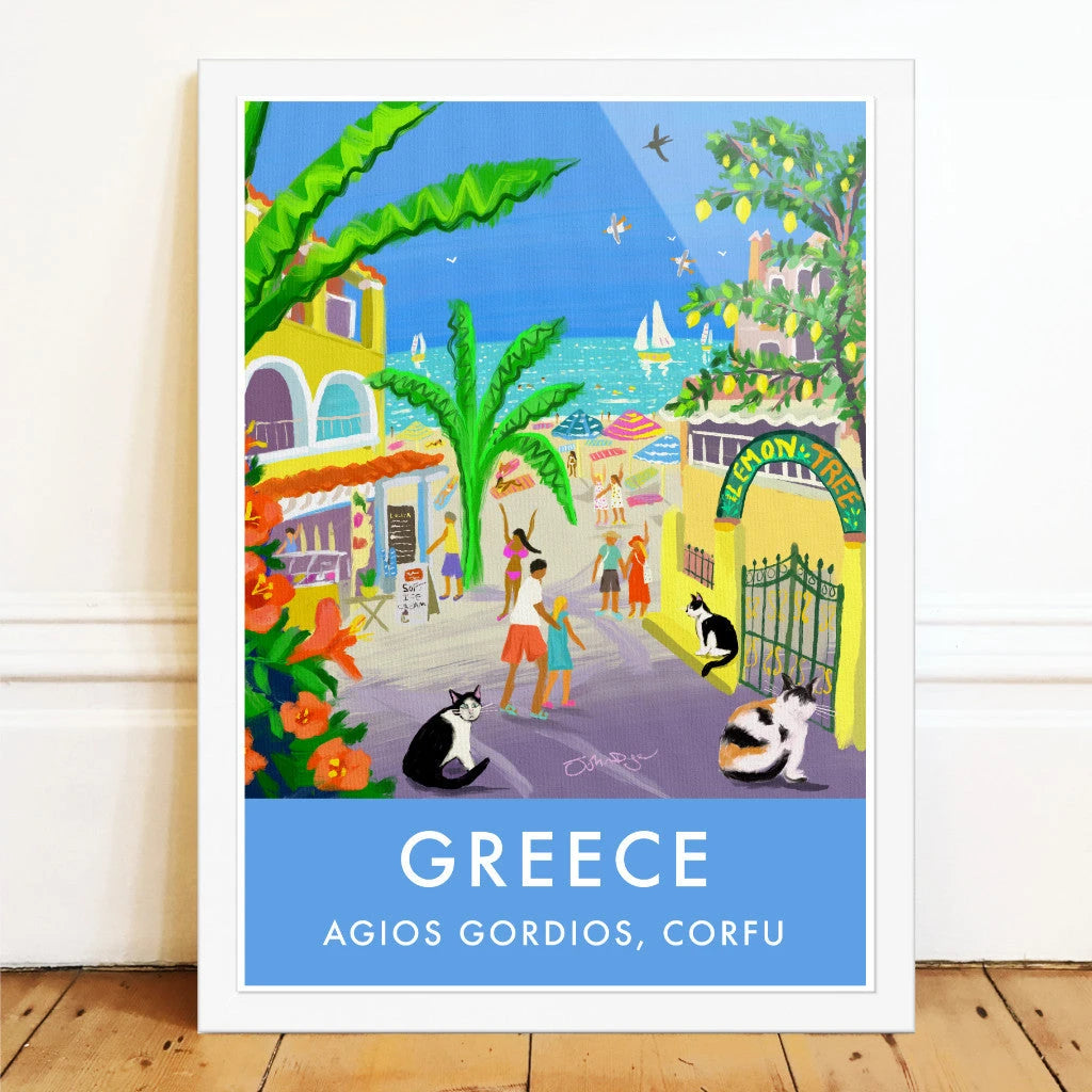 Greece Artwork Wall Art Poster Print by John Dyer. Strolling Past Corfu Cats, Agios Gordios, Greece John Dyer