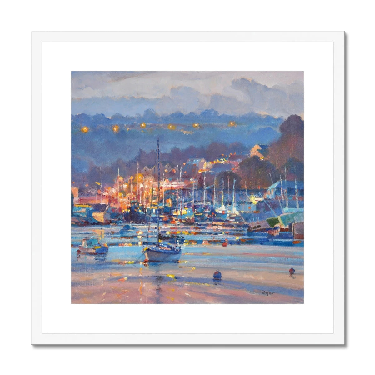 'Lights over the Moorings, Penryn River' by Ted Dyer. Framed Open Edition Coastal Cornish Fine Art Print. Ted Dyer