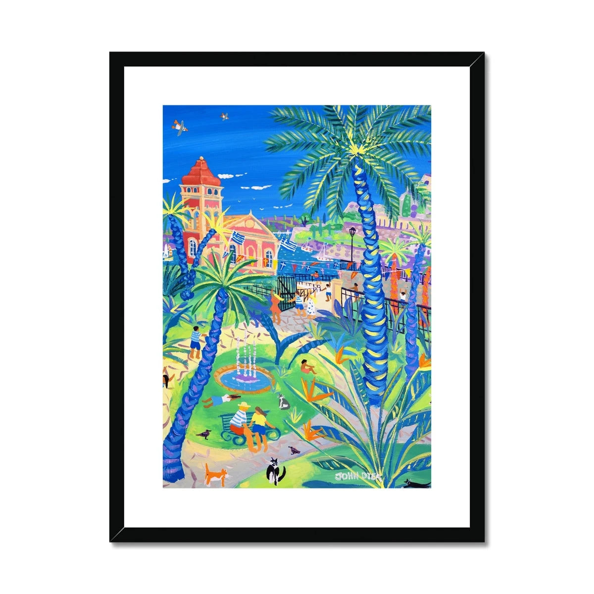 John Dyer Greece Artwork. Framed Open Edition Art Print. 'Cats, Families, and Fun in the Garden of the People, Corfu Town Greece'. Greek Art Gallery John Dyer