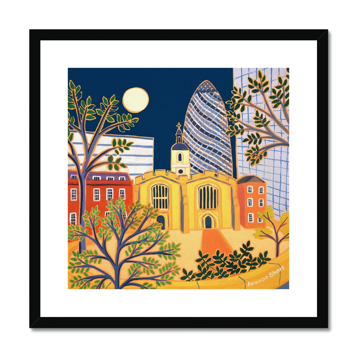 Joanne Short Framed Open Edition London Fine Art Print. 'The Old and the New, St Helen's Bishopsgate Church & The Gherkin London'.