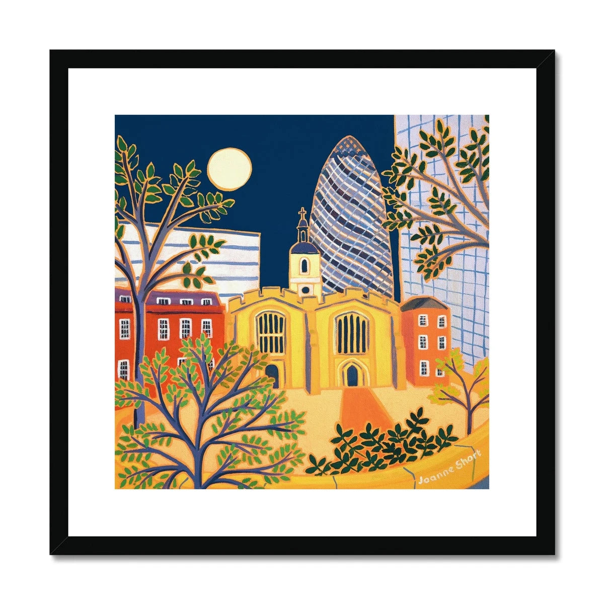 Joanne Short Framed Open Edition London Fine Art Print. 'The Old and the New, St Helen's Bishopsgate Church & The Gherkin London'. Joanne Short