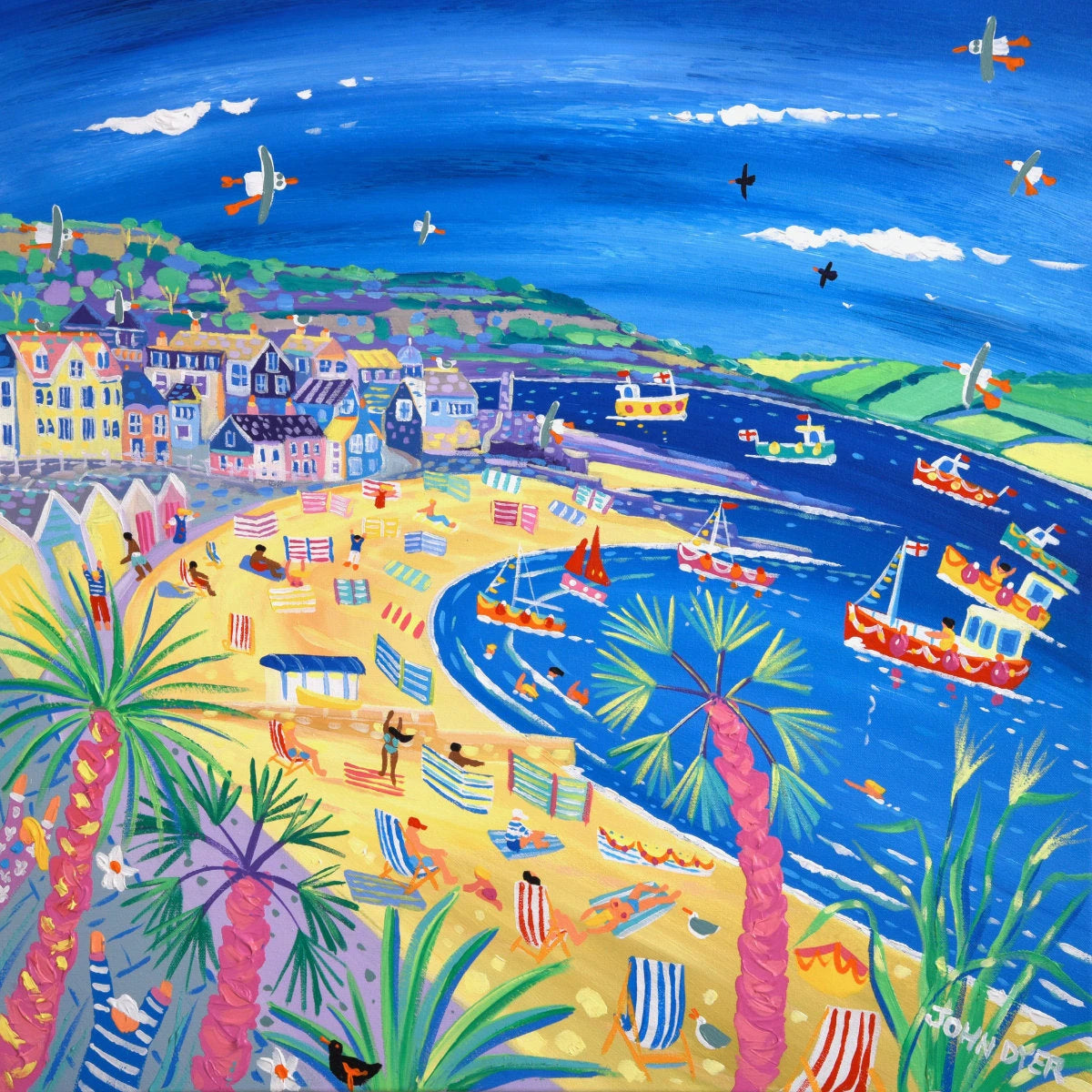 'Beach Huts and Boats, Lyme Regis', 24x24 inches acrylic on canvas. Dorset Painting by British Artist John Dyer. John Dyer