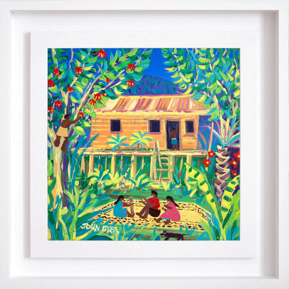 John Dyer Painting. 'Tribal Penan Music at Batu Bungan, Mulu, Borneo'. Painting of Sarawak Malaysia. John Dyer