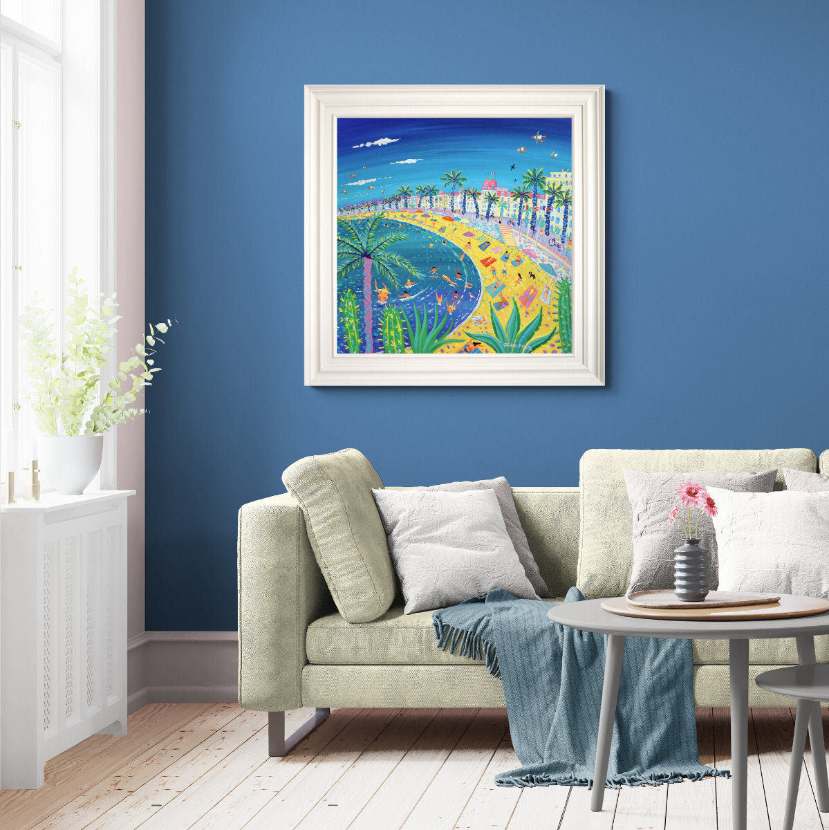 Colourful beach scene with palm trees, people, and buildings, Negresco Hotel, France. 'Sexy Curves, Nice', 30 x 30 inches acrylic on canvas. Cote d'Azur South of France Painting by British Artist John Dyer