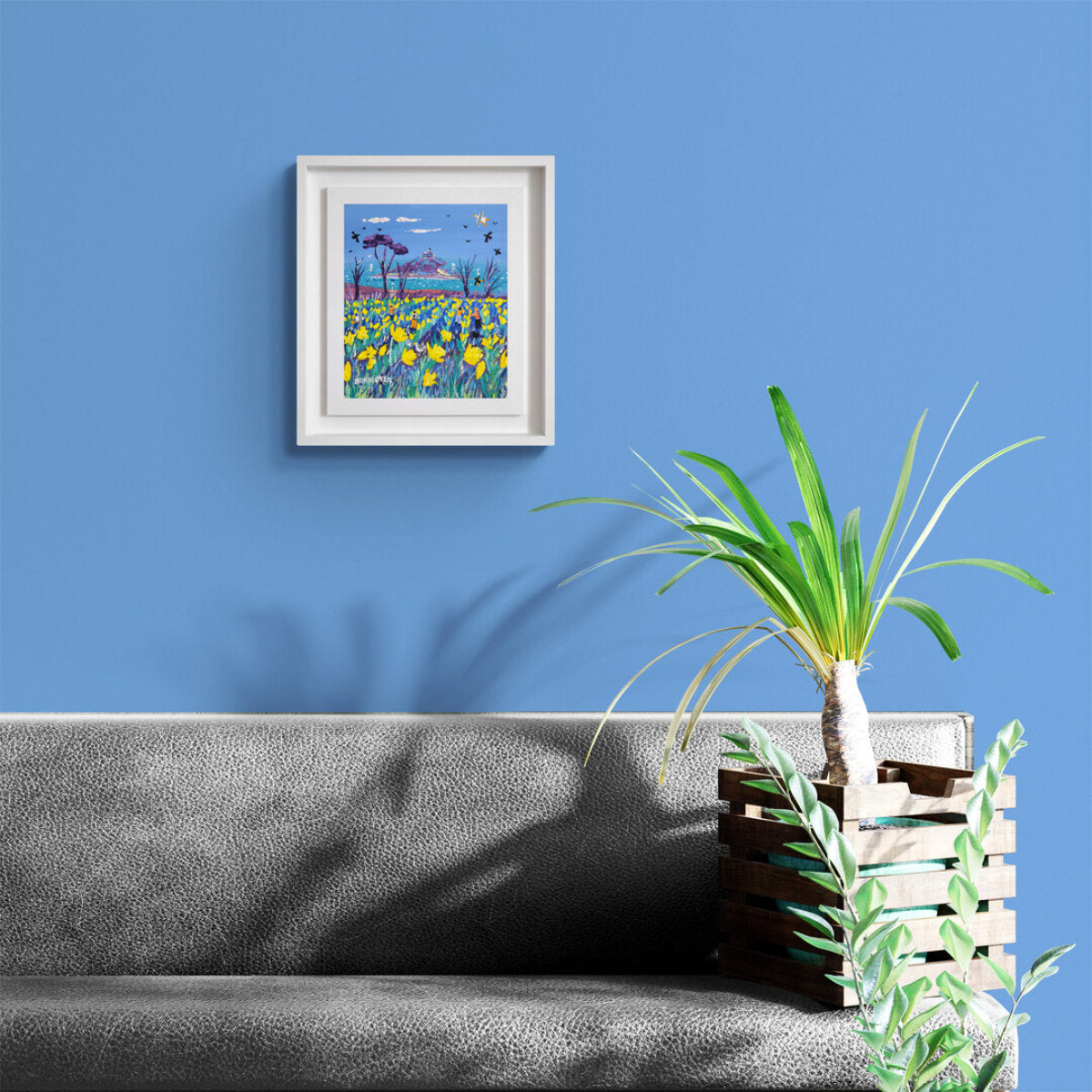 'Cornish Spring Daffodils, St Michael's Mount', 12x10 inches acrylic on canvas. Painting of Cornwall by Cornish Artist John Dyer