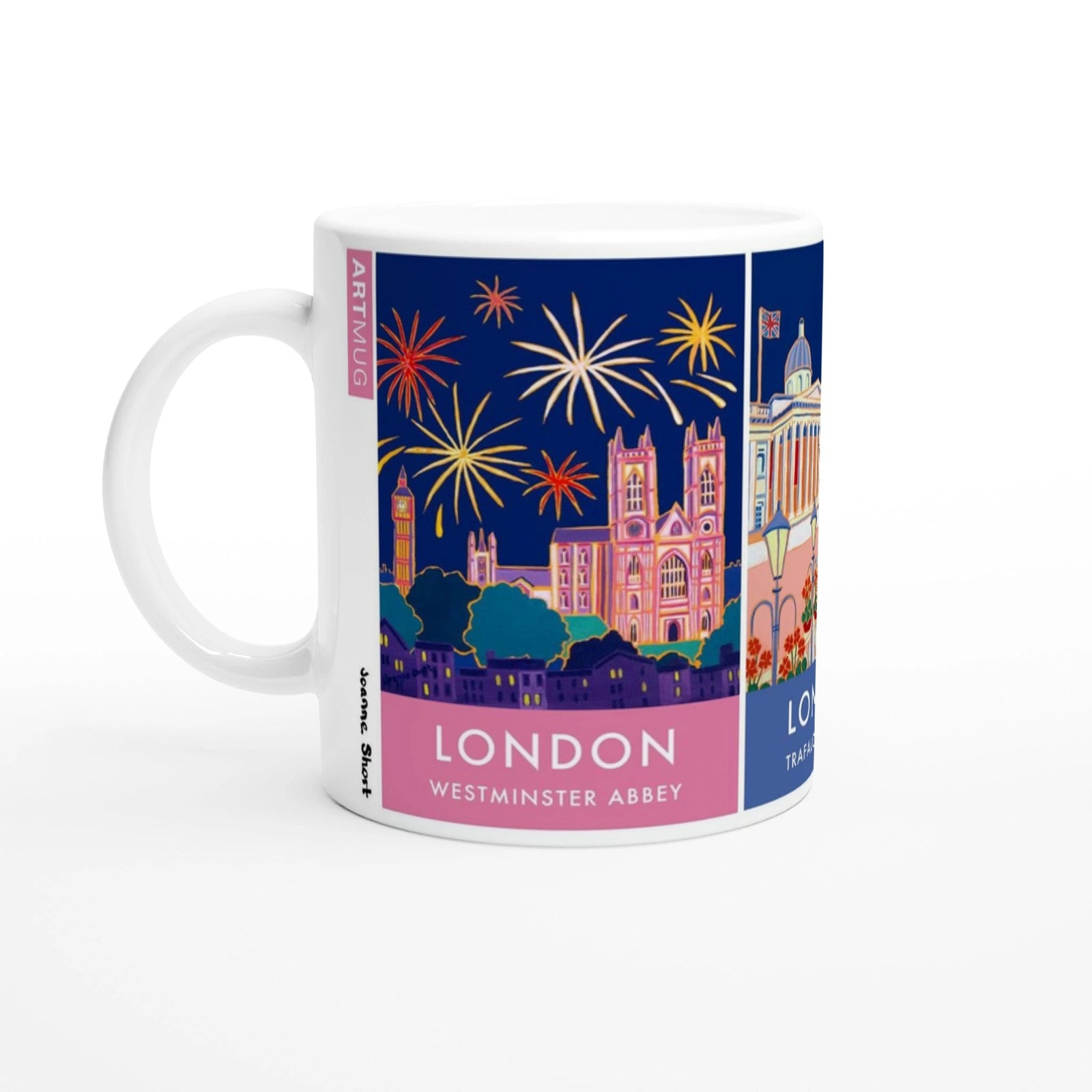 Joanne Short Ceramic Art Mug featuring London. Westminster Abbey, Trafalgar Square and the Natural History Museum Joanne Short
