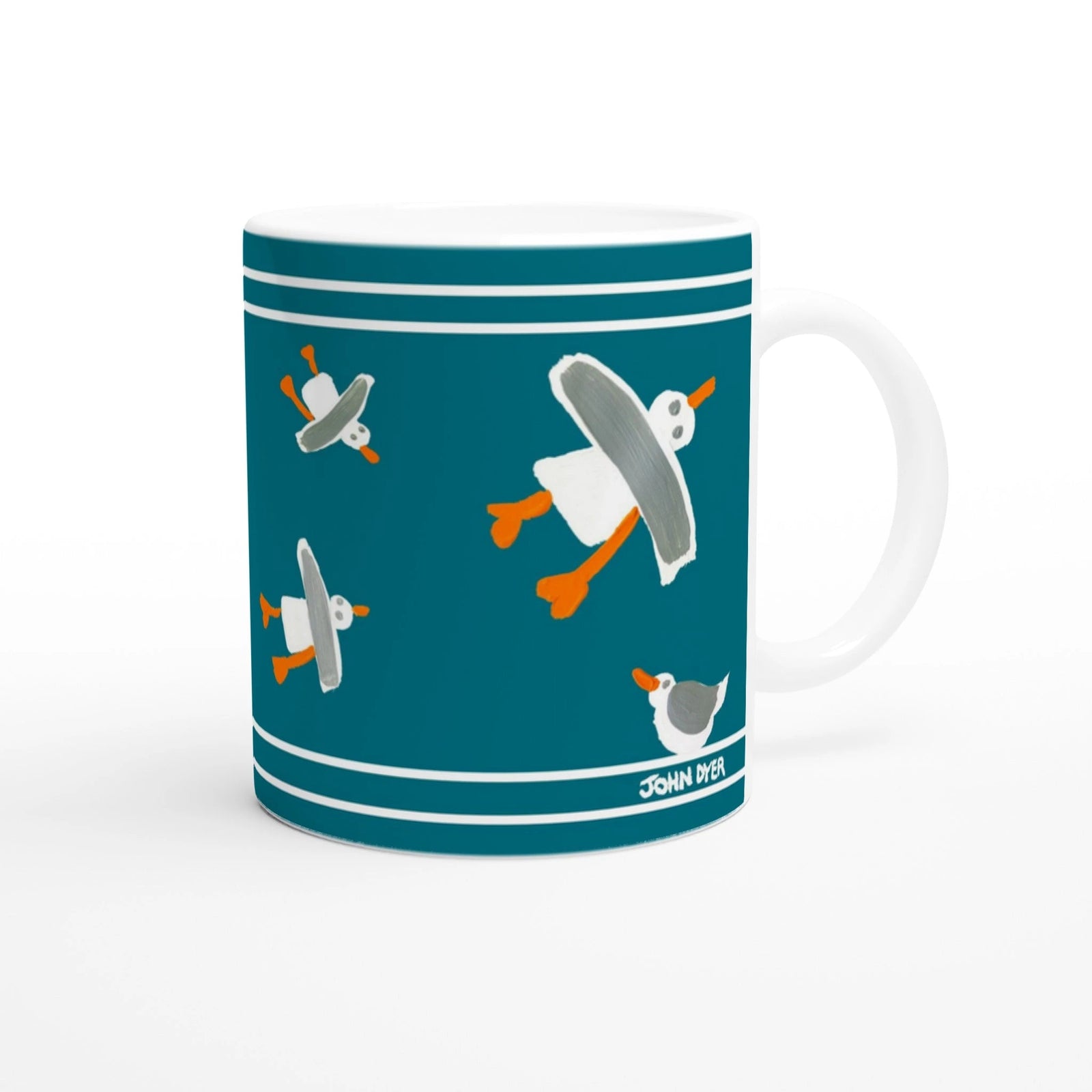 John Dyer Cornish Art Mug with Cornish Seagulls. Deep Sea Green John Dyer
