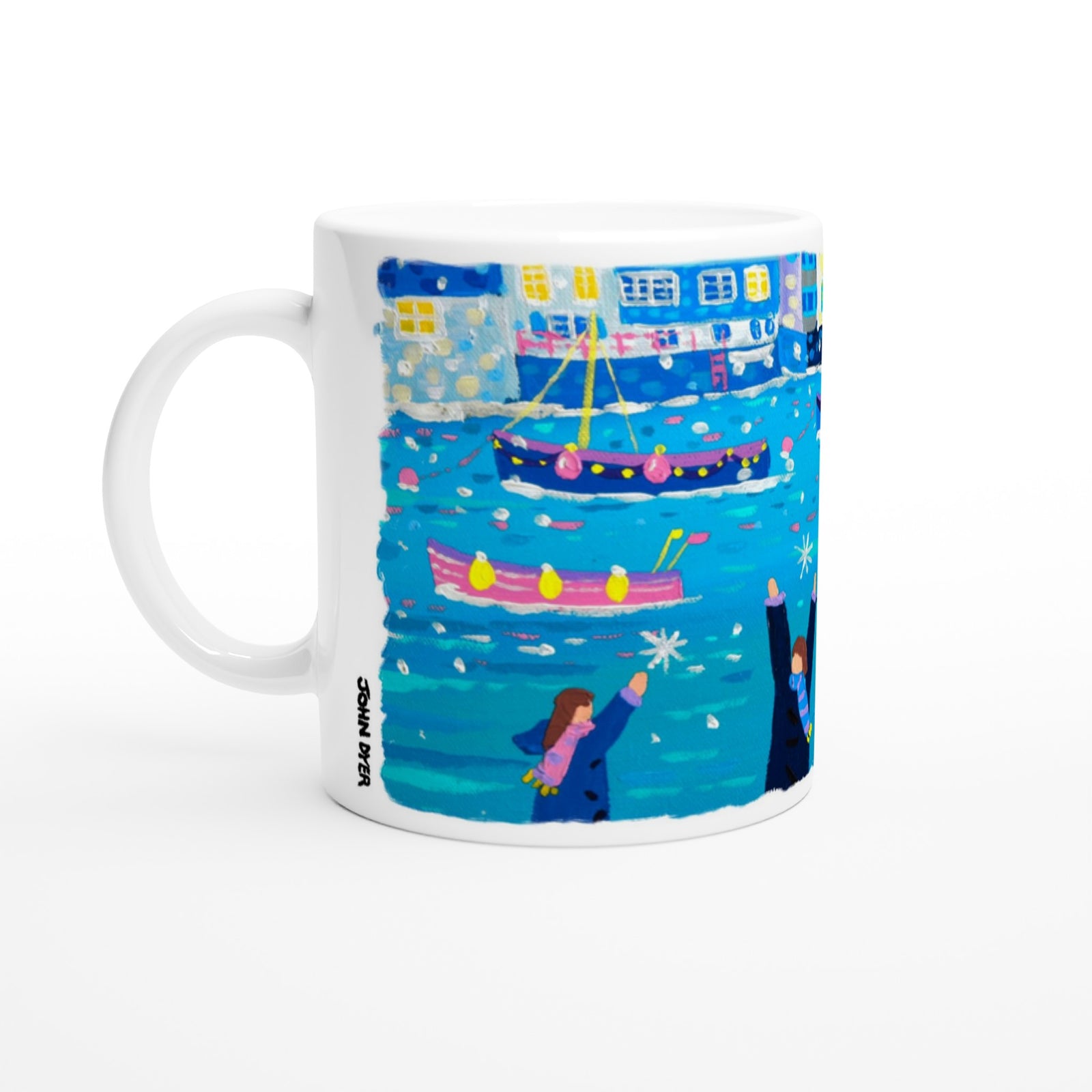 John Dyer Ceramic Cornish Art Mug. Catching Snowflakes, Polperro, Cornwall