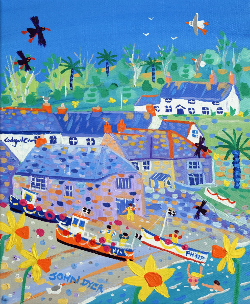 Colorful painting of a coastal scene with houses, boats, and people by John Dyer. 'Daffodils, Choughs and Boats, Cadgwith Cove', 12x10 inches acrylic on canvas. Painting of Cornwall by Cornish Artist John Dyer