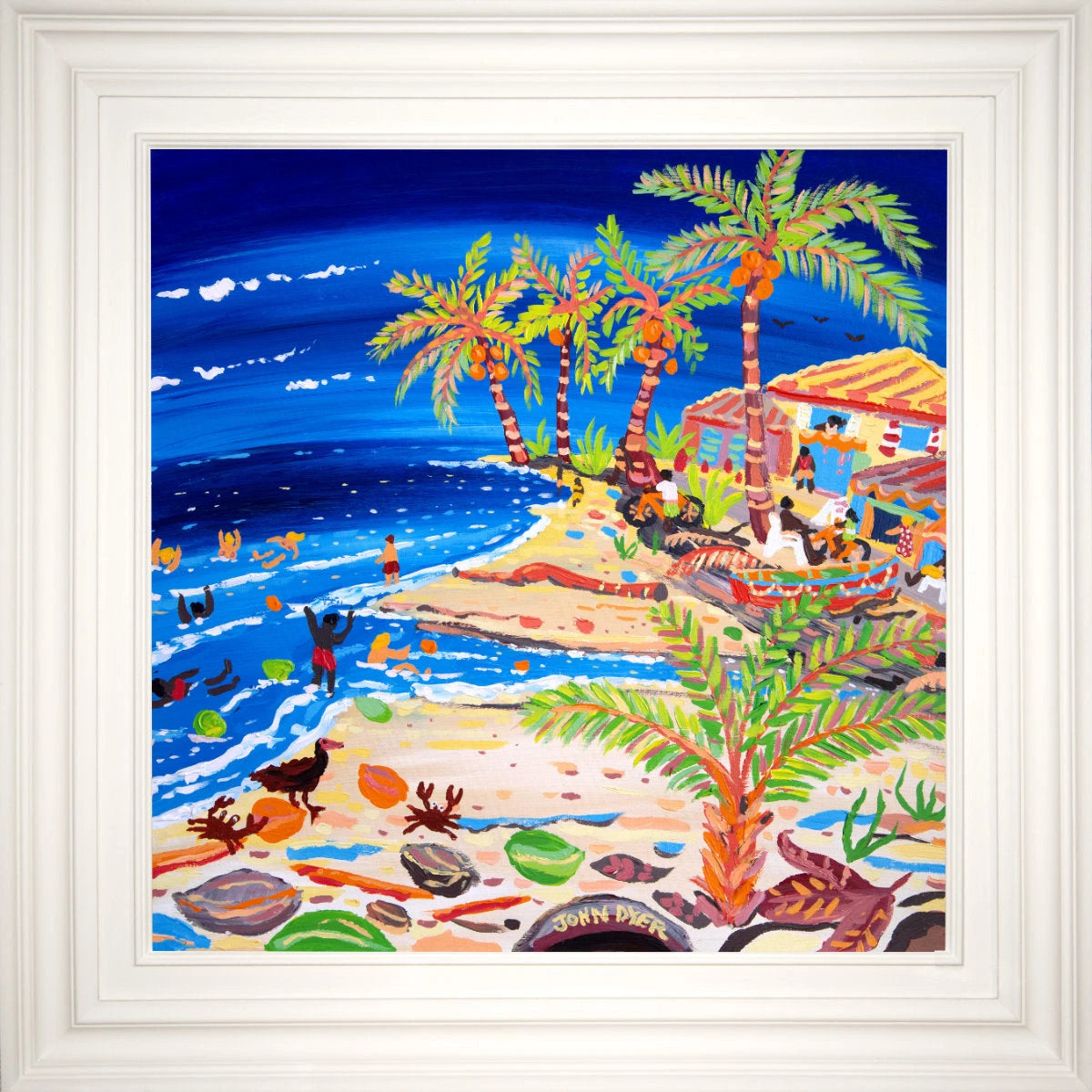 'Blue Seas and Coconut Trees, Costa Rica'. 24x24 inches acrylic on canvas. Painting of the Caribbean by John Dyer