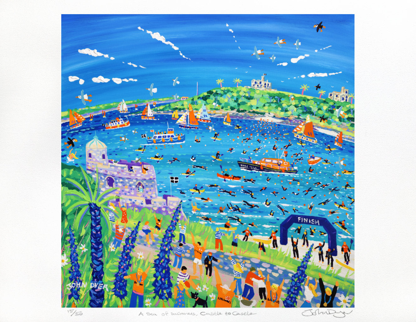 Colorful painting of a coastal scene with boats, people, and a castle. Limited Edition Print by Cornish Artist John Dyer. 'A Sea of Swimmers, Castle to Castle'. Falmouth to St Mawes RNLI Charity Swim Event.