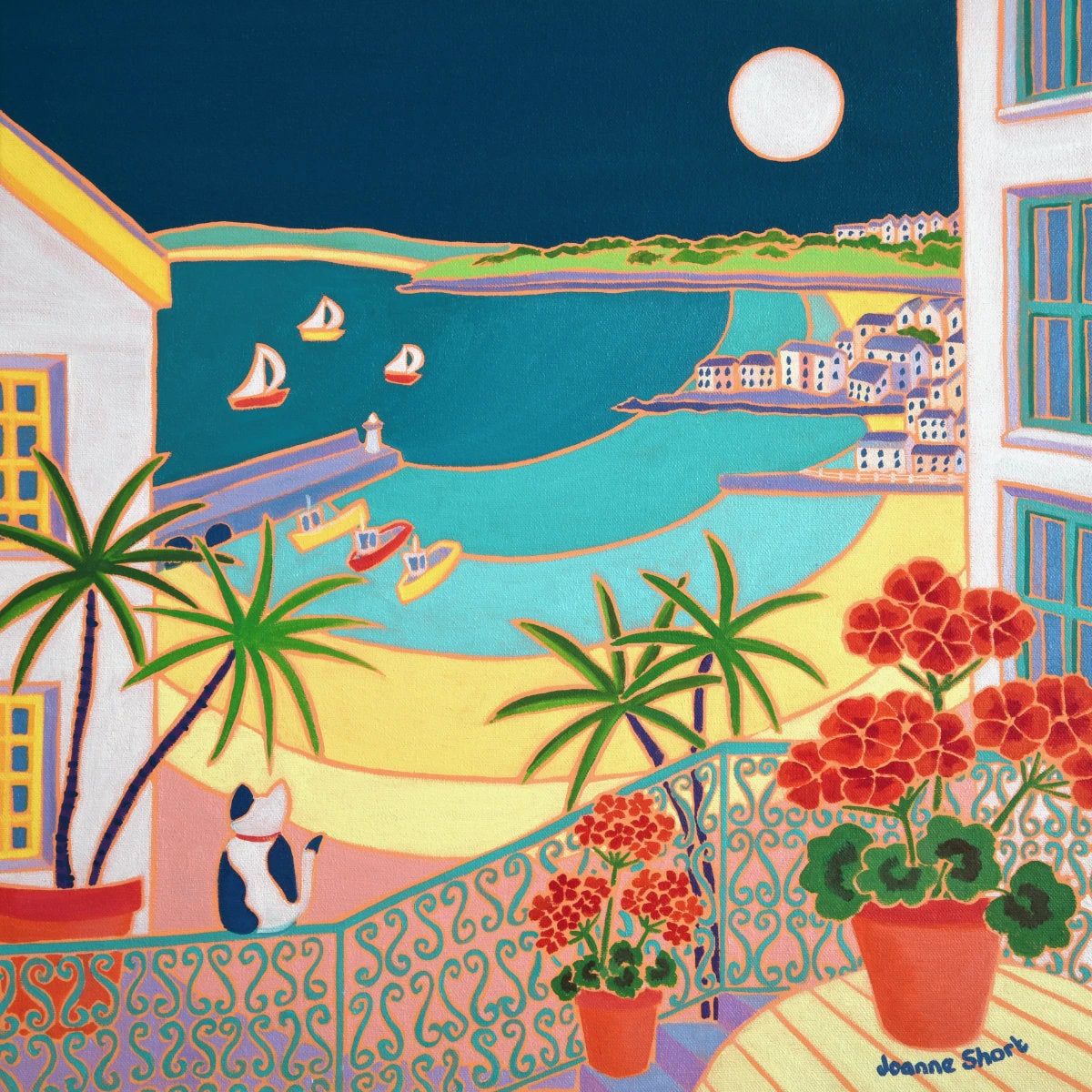 'Cat Watching the Yachts Sail Home, St Ives',
18 x 18 inches Oil on Canvas. Coastal Painting by Cornish Artist Joanne Short. Cornish Art from our Cornwall Art Gallery Joanne Short